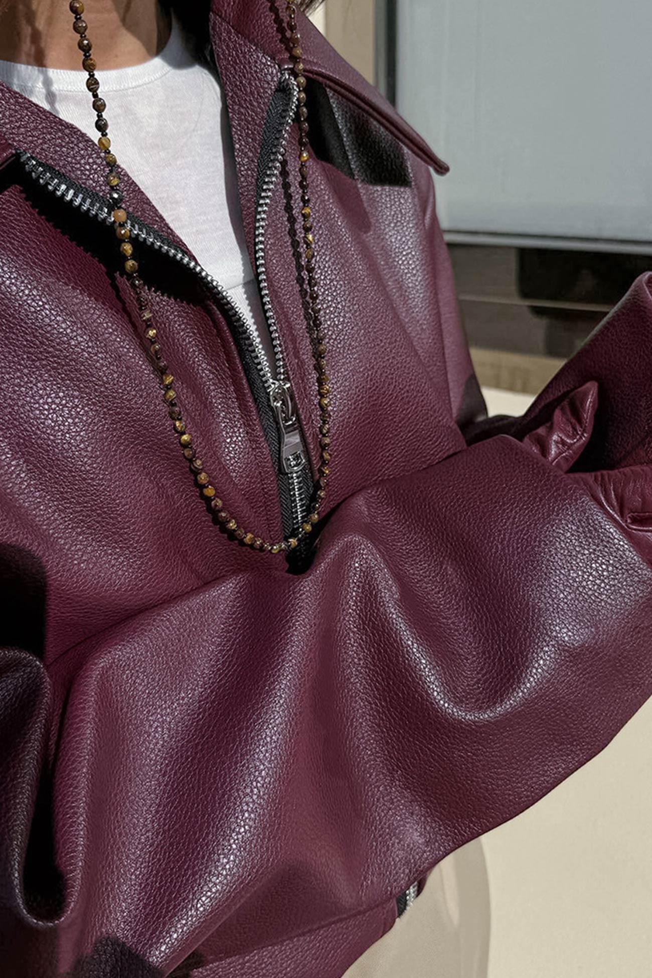 Wine Red Zip-up PU Jacket