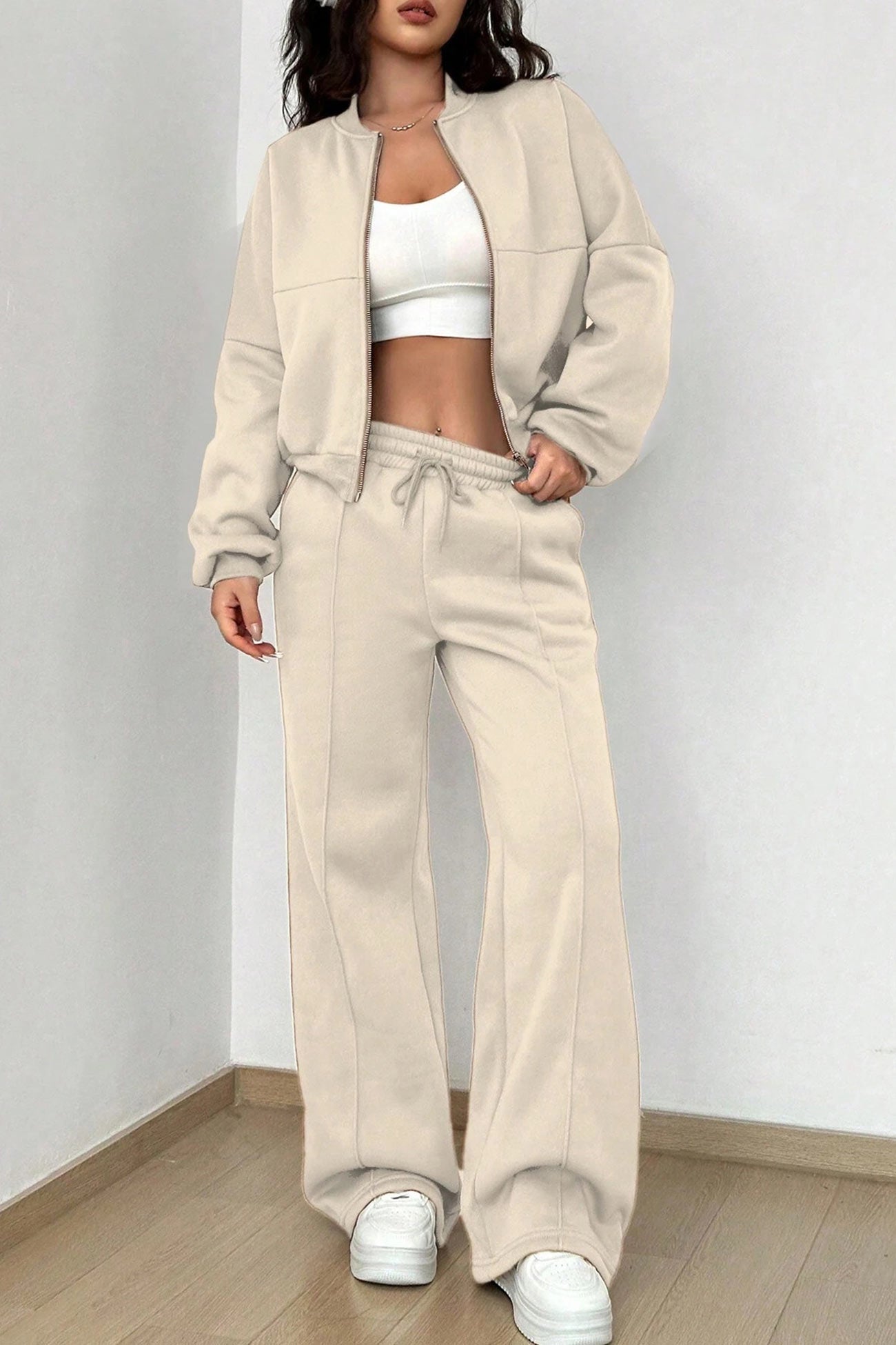 Zip-up Collarless‌ Cardigan Pants Set