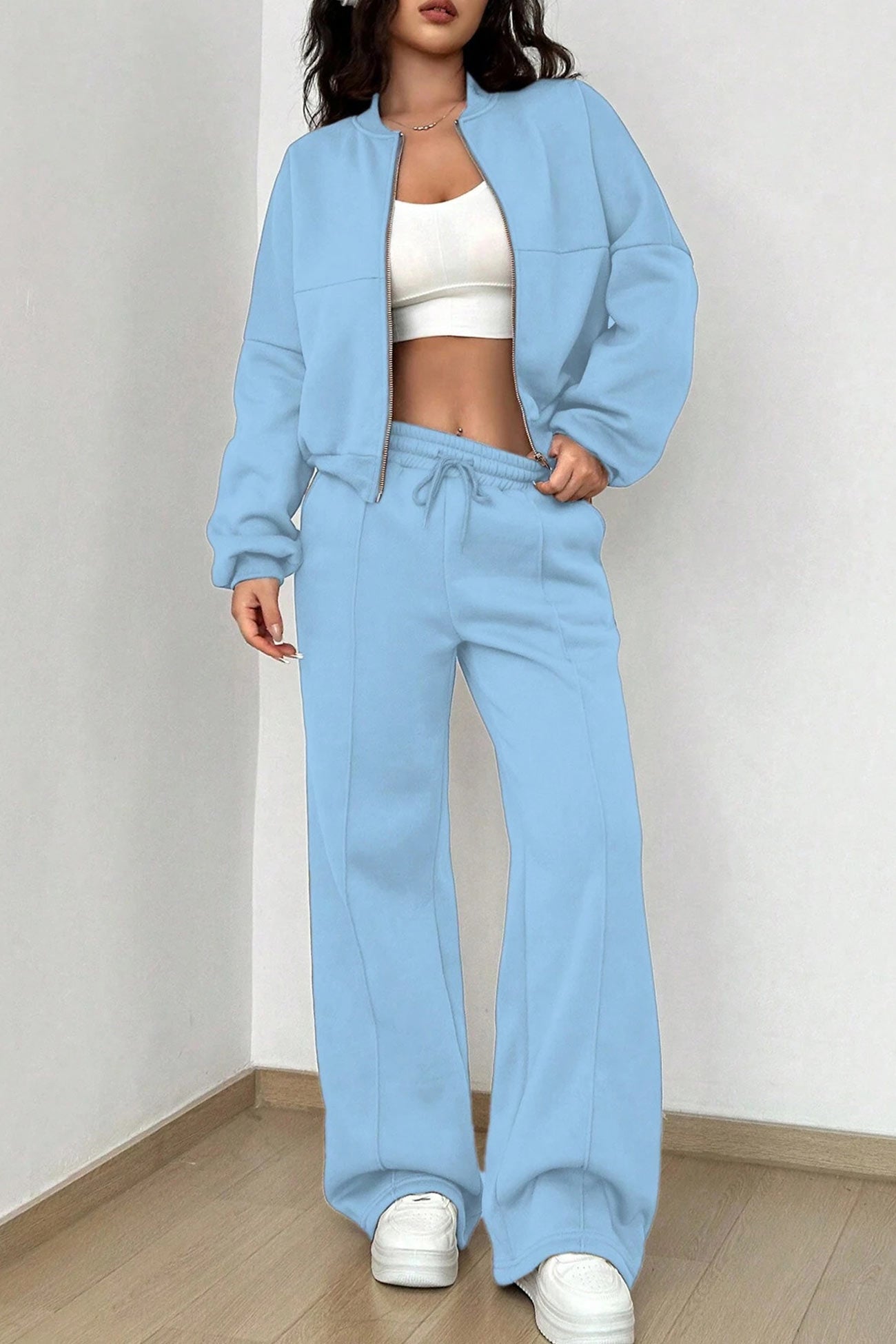 Zip-up Collarless‌ Cardigan Pants Set