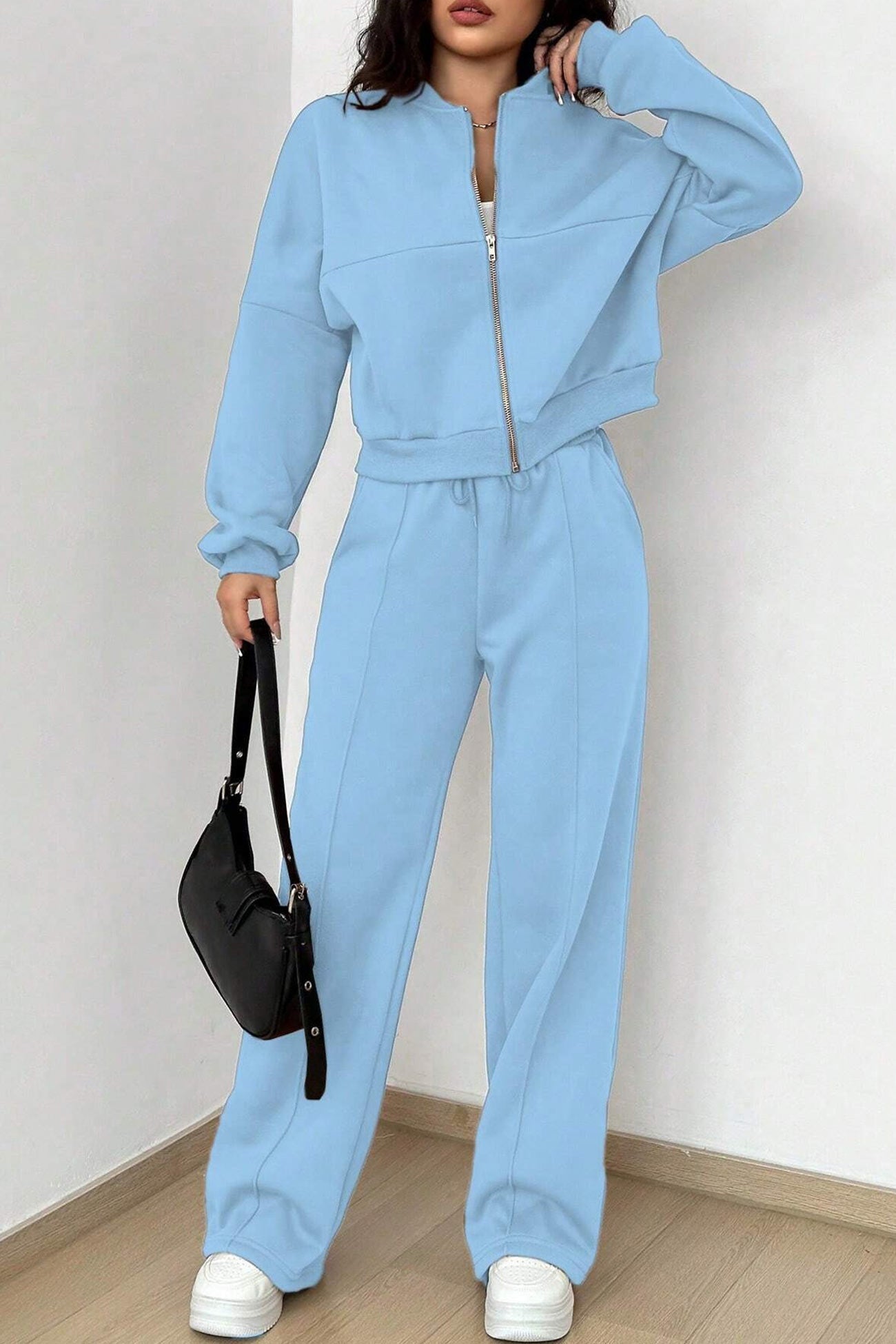 Zip-up Collarless‌ Cardigan Pants Set