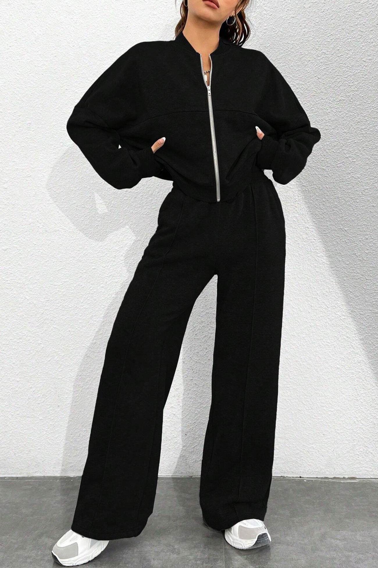 Zip-up Collarless‌ Cardigan Pants Set