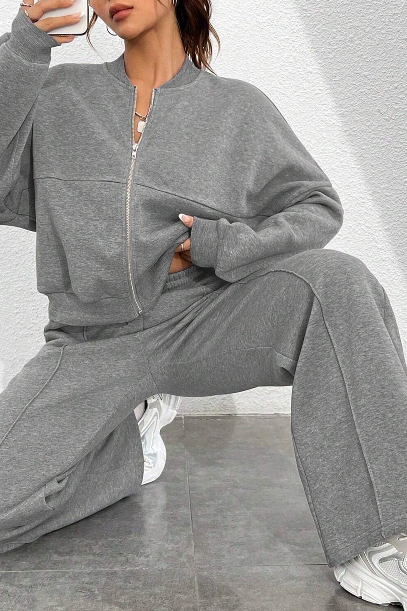 Zip-up Collarless‌ Cardigan Pants Set