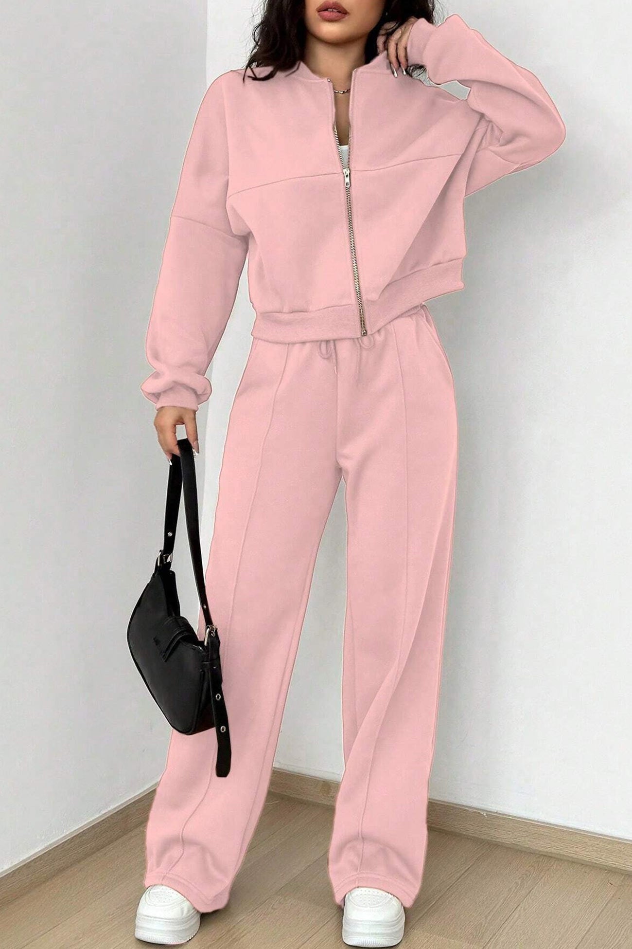 Zip-up Collarless‌ Cardigan Pants Set