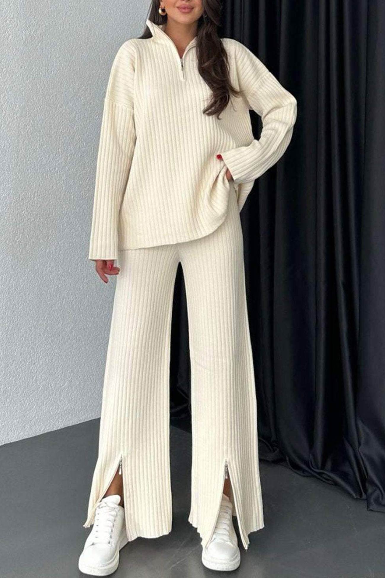 Zip-up Slit Ribbed Knit Two-piece outfit