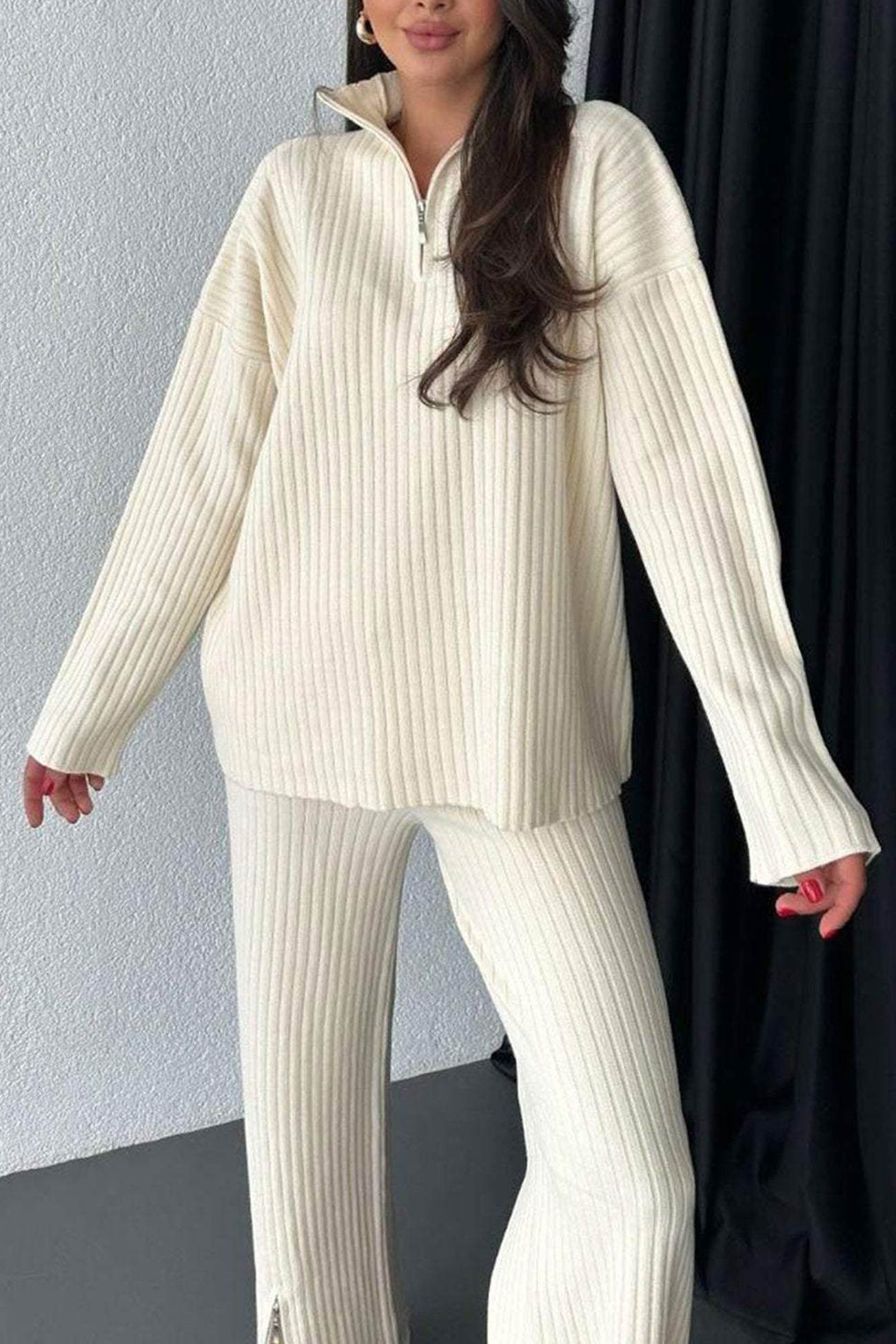 Zip-up Slit Ribbed Knit Two-piece outfit