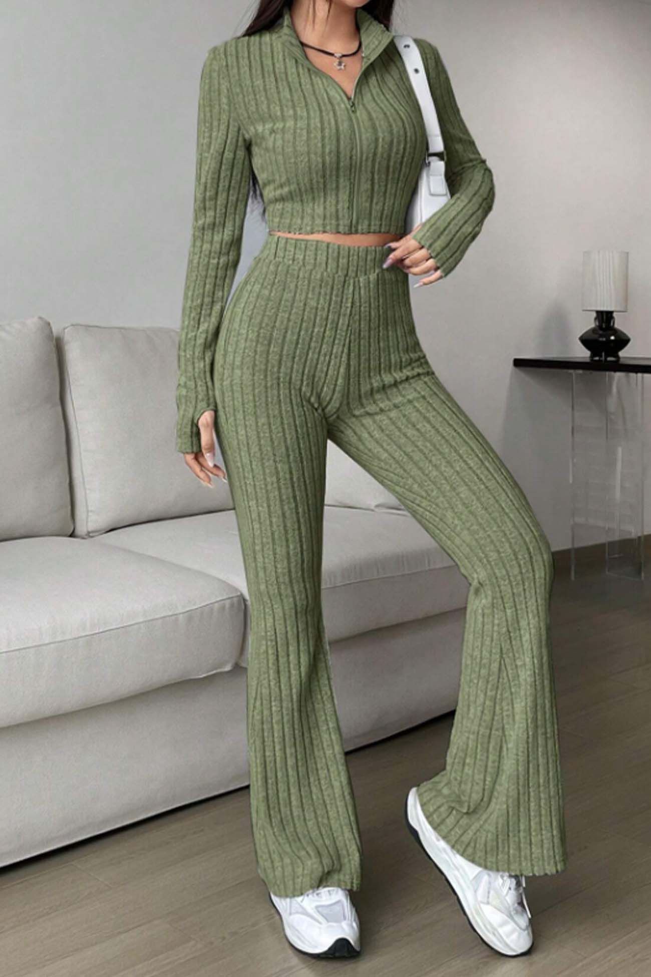 Zip Long Sleeve Ribbed Flared Pants Set