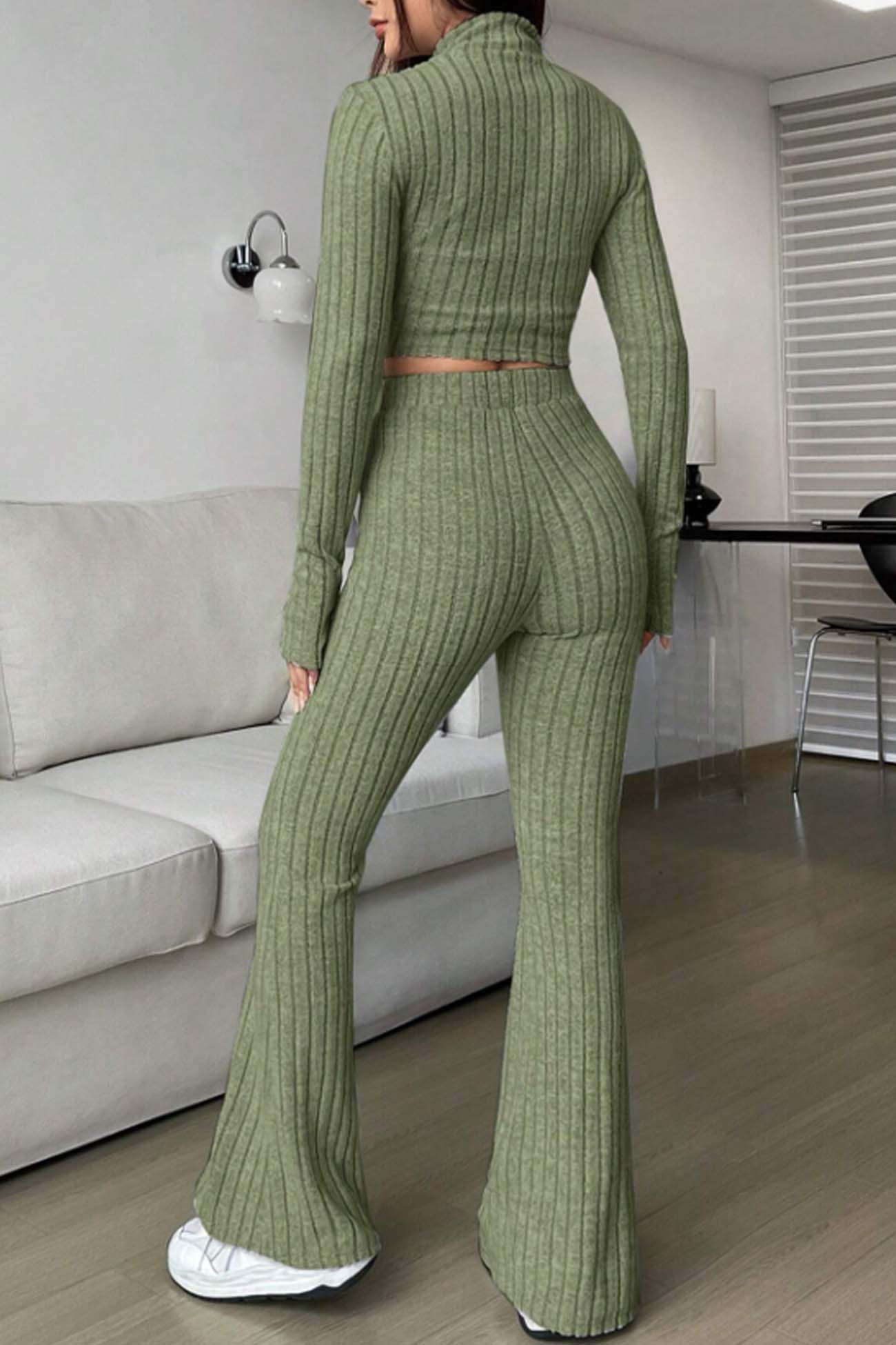 Zip Long Sleeve Ribbed Flared Pants Set