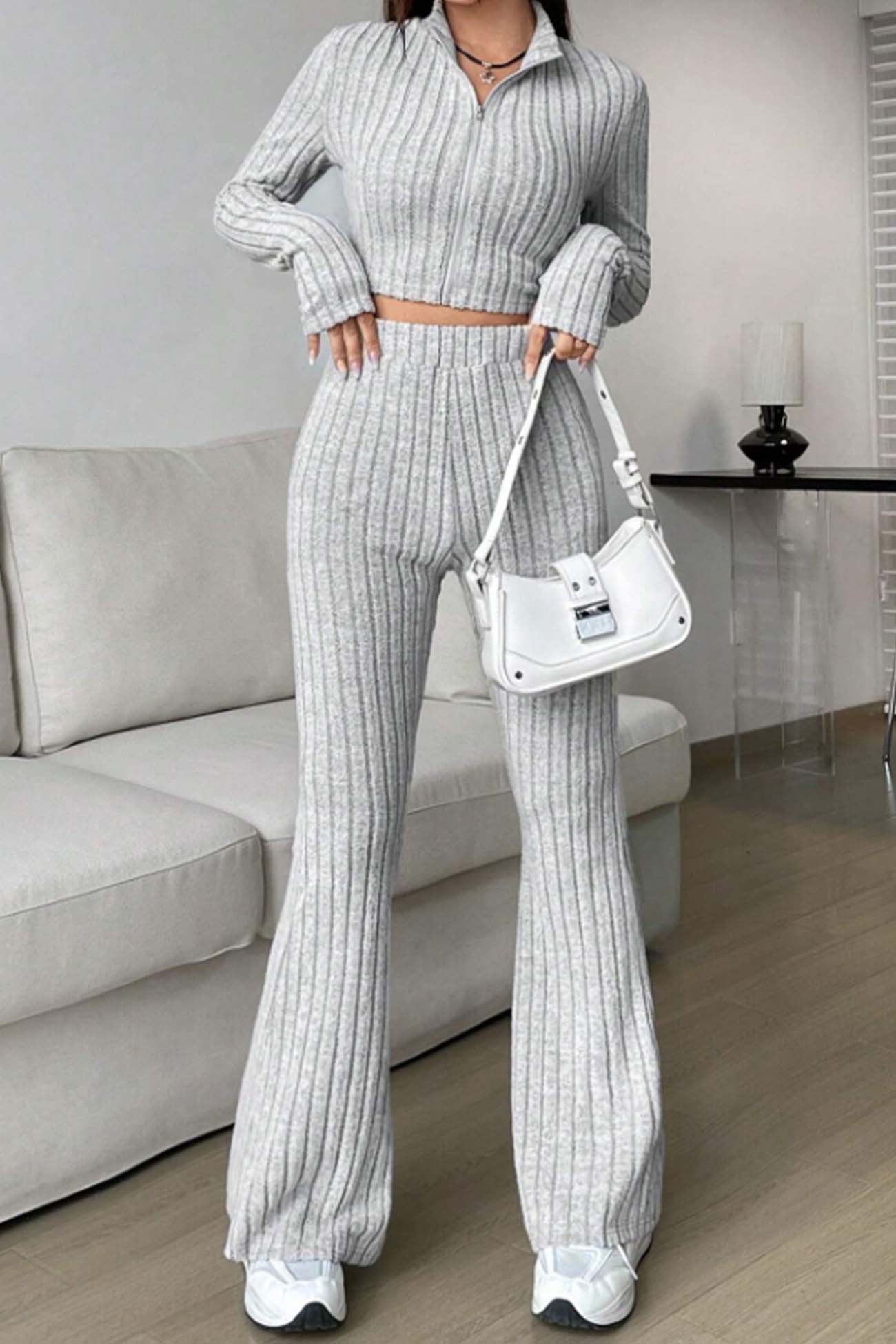 Zip Long Sleeve Ribbed Flared Pants Set