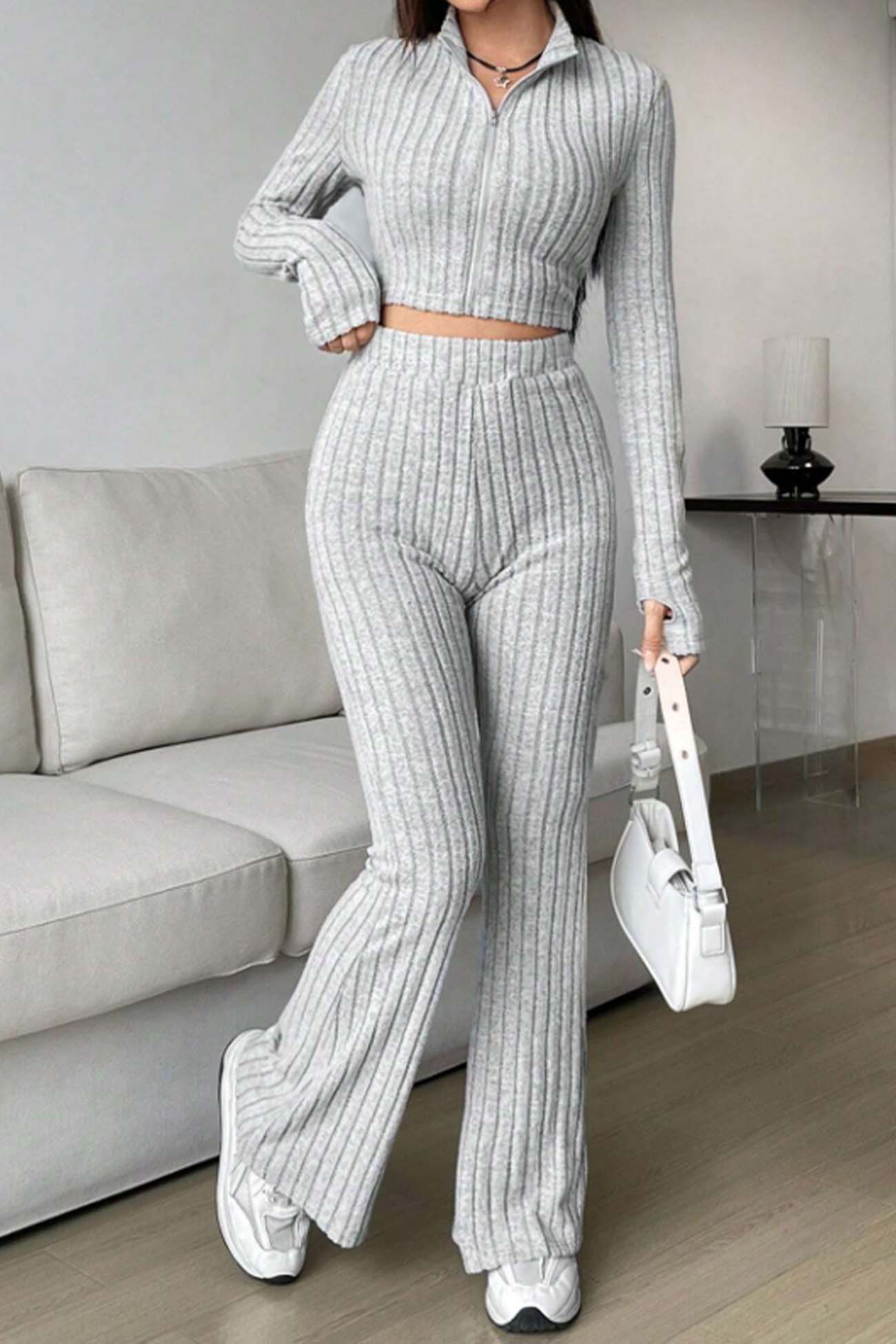 Zip Long Sleeve Ribbed Flared Pants Set