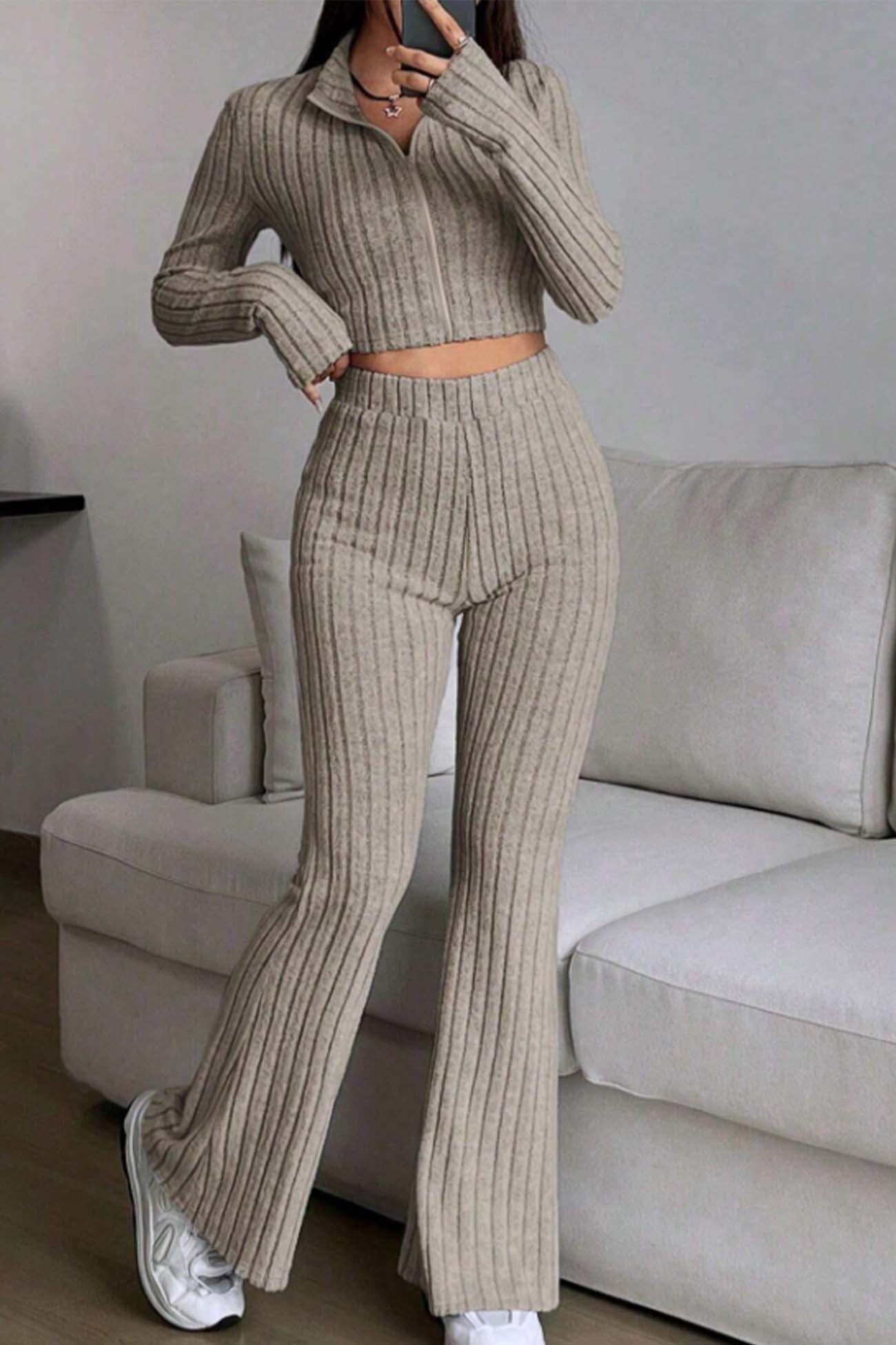 Zip Long Sleeve Ribbed Flared Pants Set