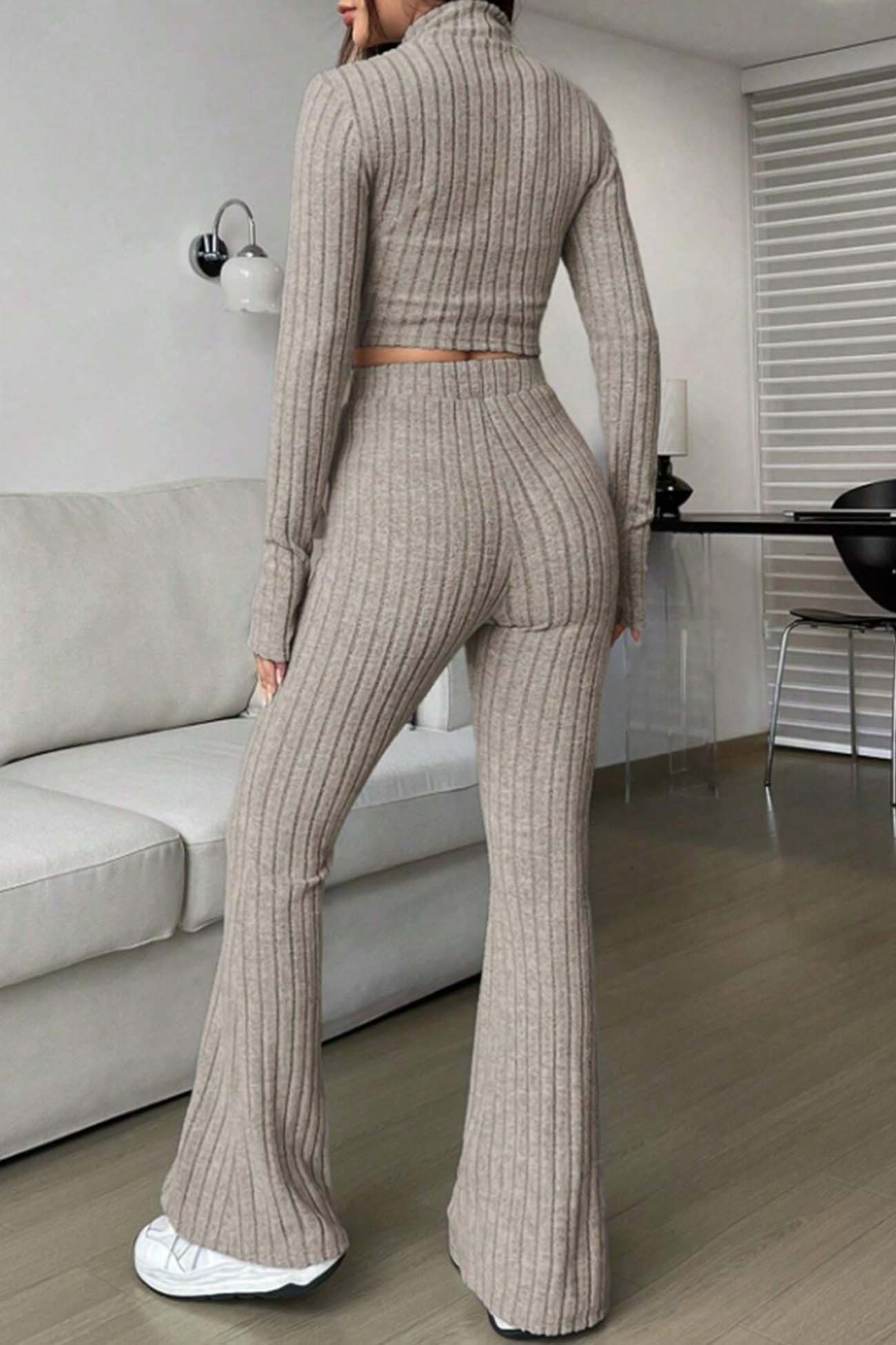 Zip Long Sleeve Ribbed Flared Pants Set