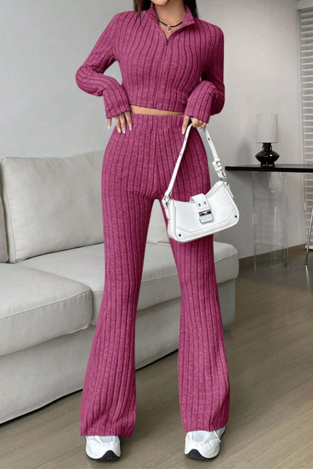 Zip Long Sleeve Ribbed Flared Pants Set