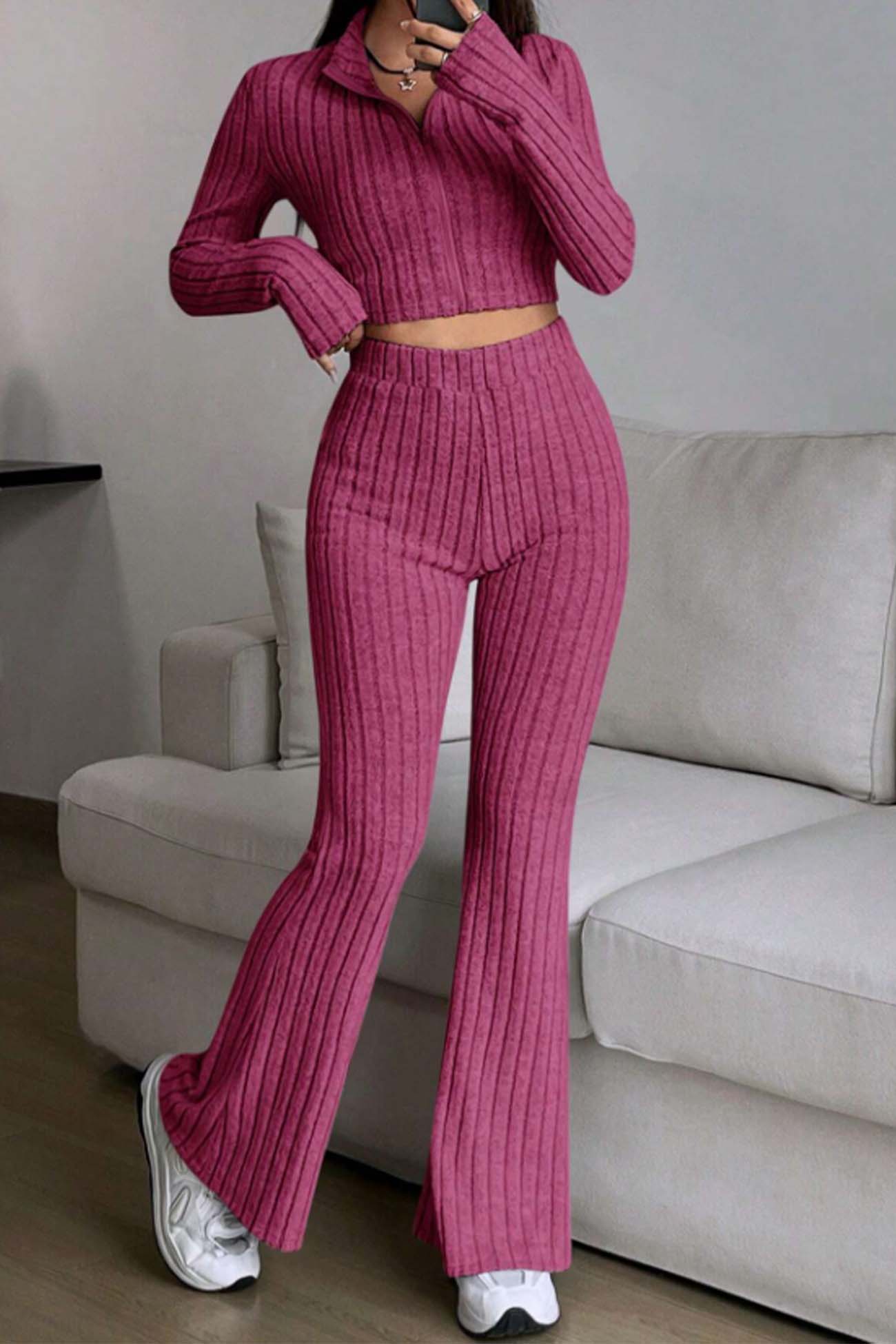 Zip Long Sleeve Ribbed Flared Pants Set