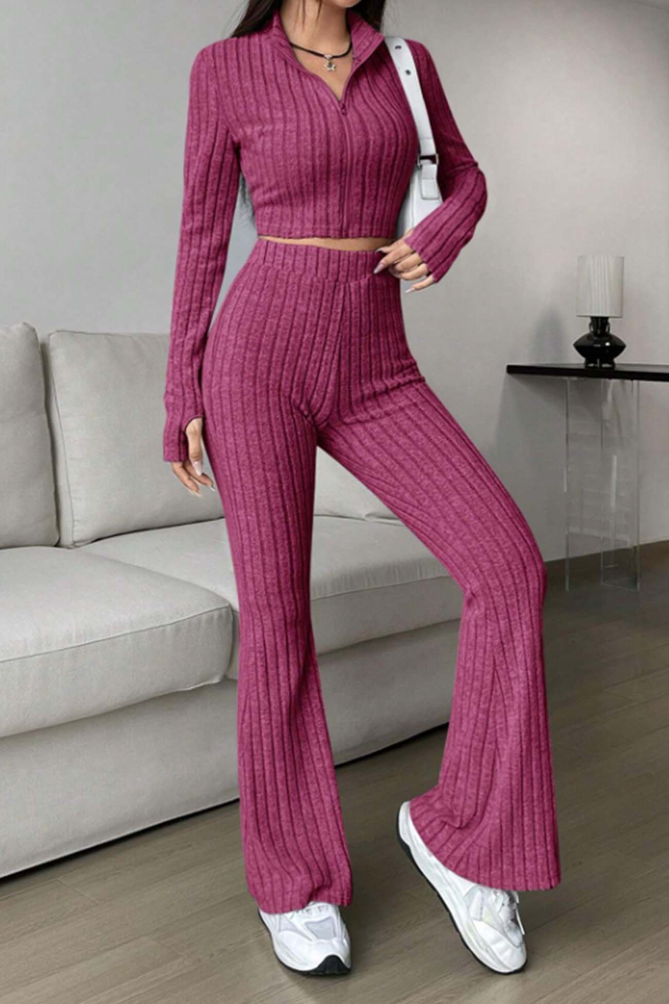 Zip Long Sleeve Ribbed Flared Pants Set