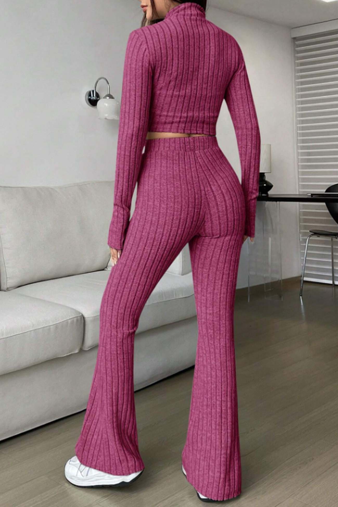 Zip Long Sleeve Ribbed Flared Pants Set