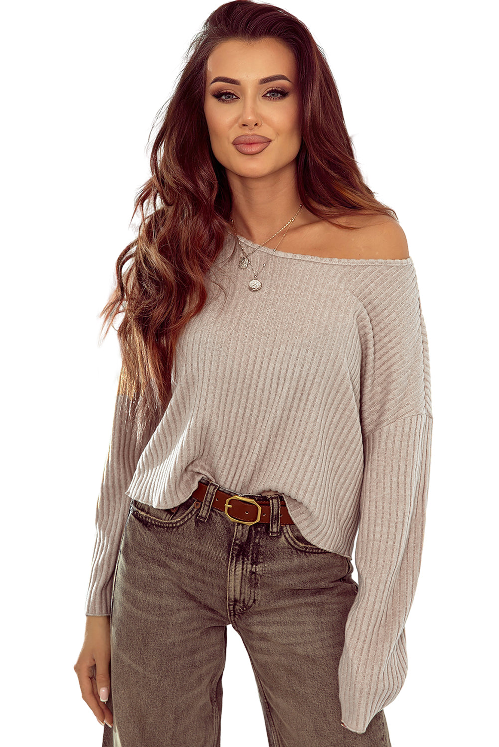 Beige Lettuce Cuffs Drop Shoulder Loose Ribbed Knit Top