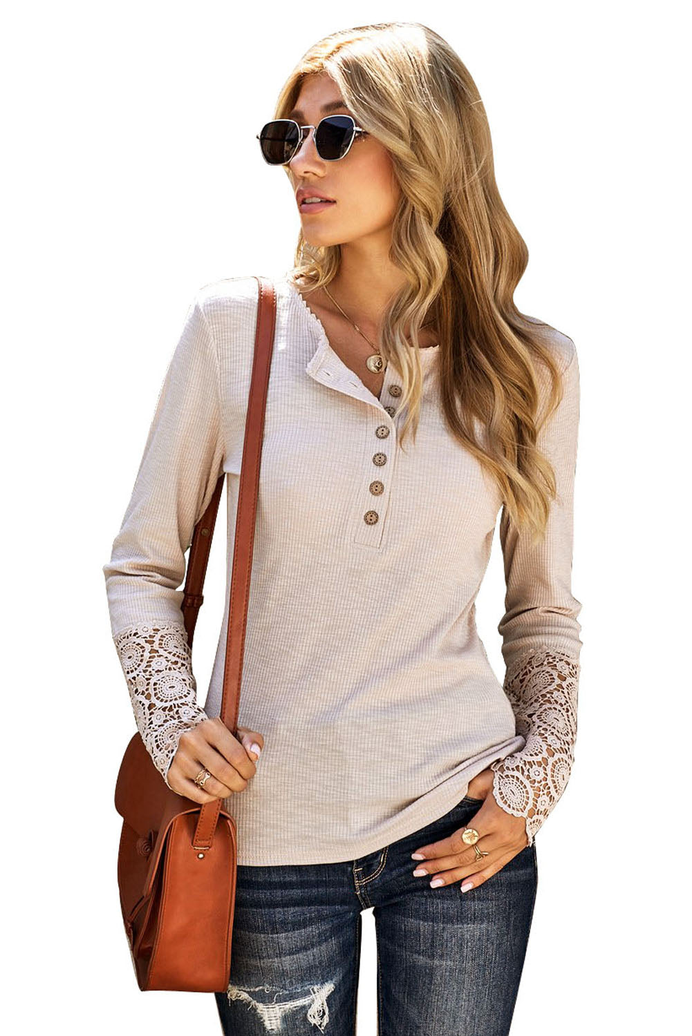 Beige Crochet Lace Hem Sleeve Button Top