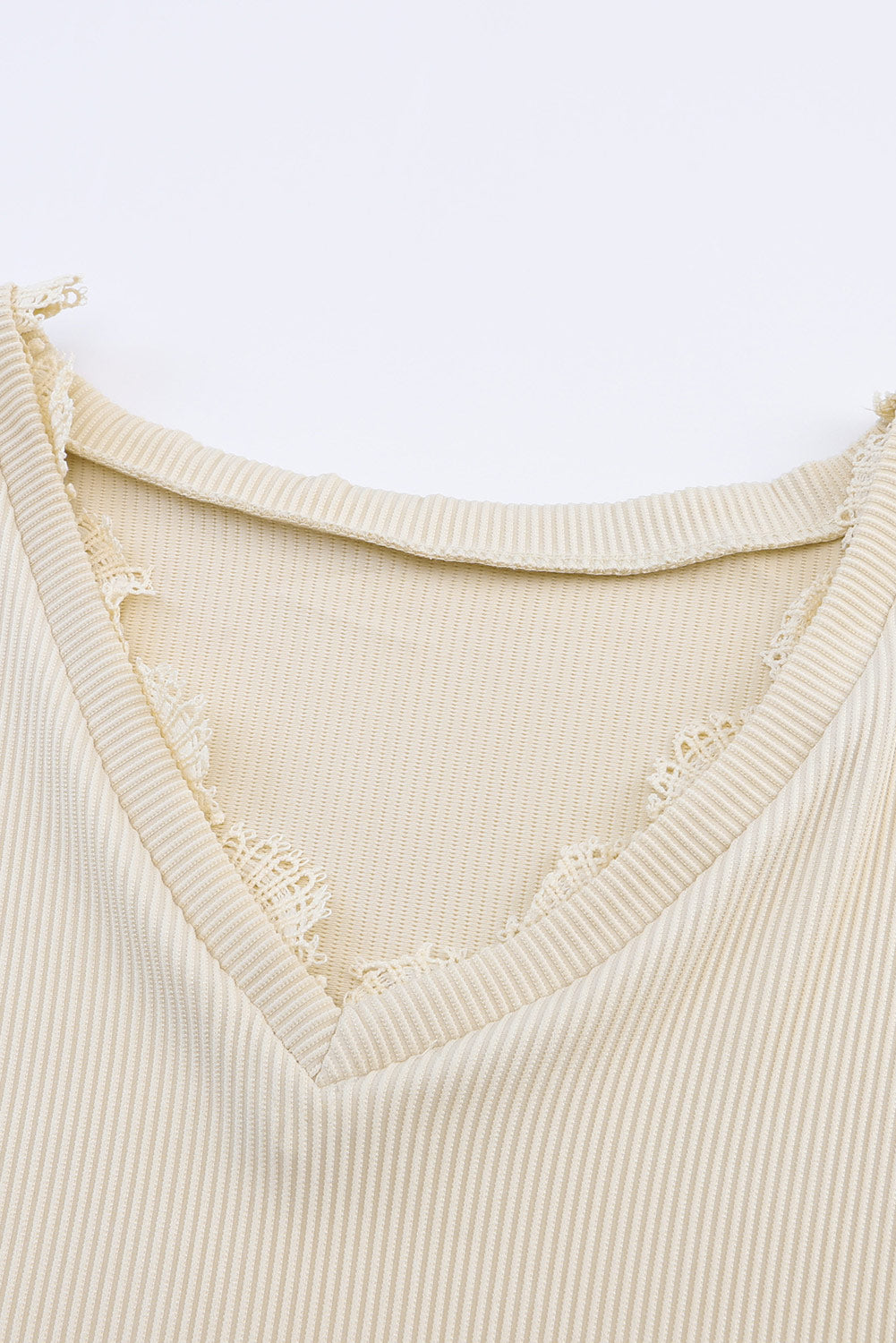 Apricot Ribbed Texture Lace Trim V Neck Long Sleeve Top