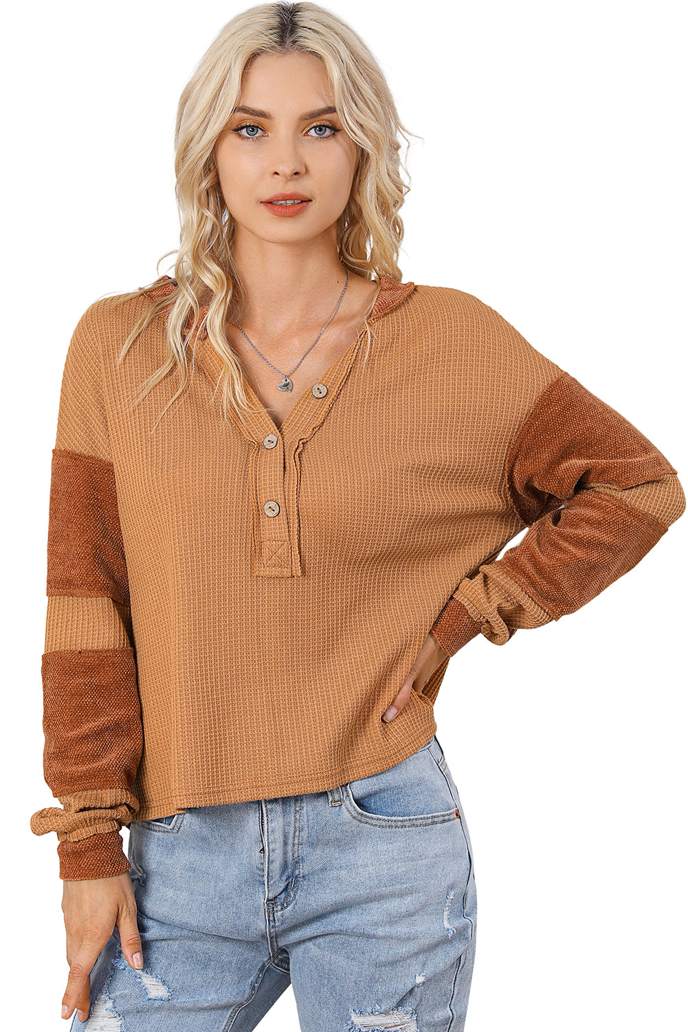 Orange Contrast Patched Exposed Seam Waffle Knit Henley Top