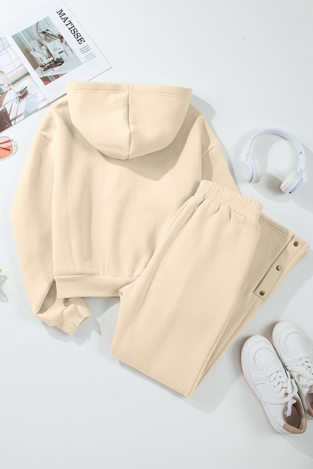 Solid color hoodie and high waist pants two piece tracksuit