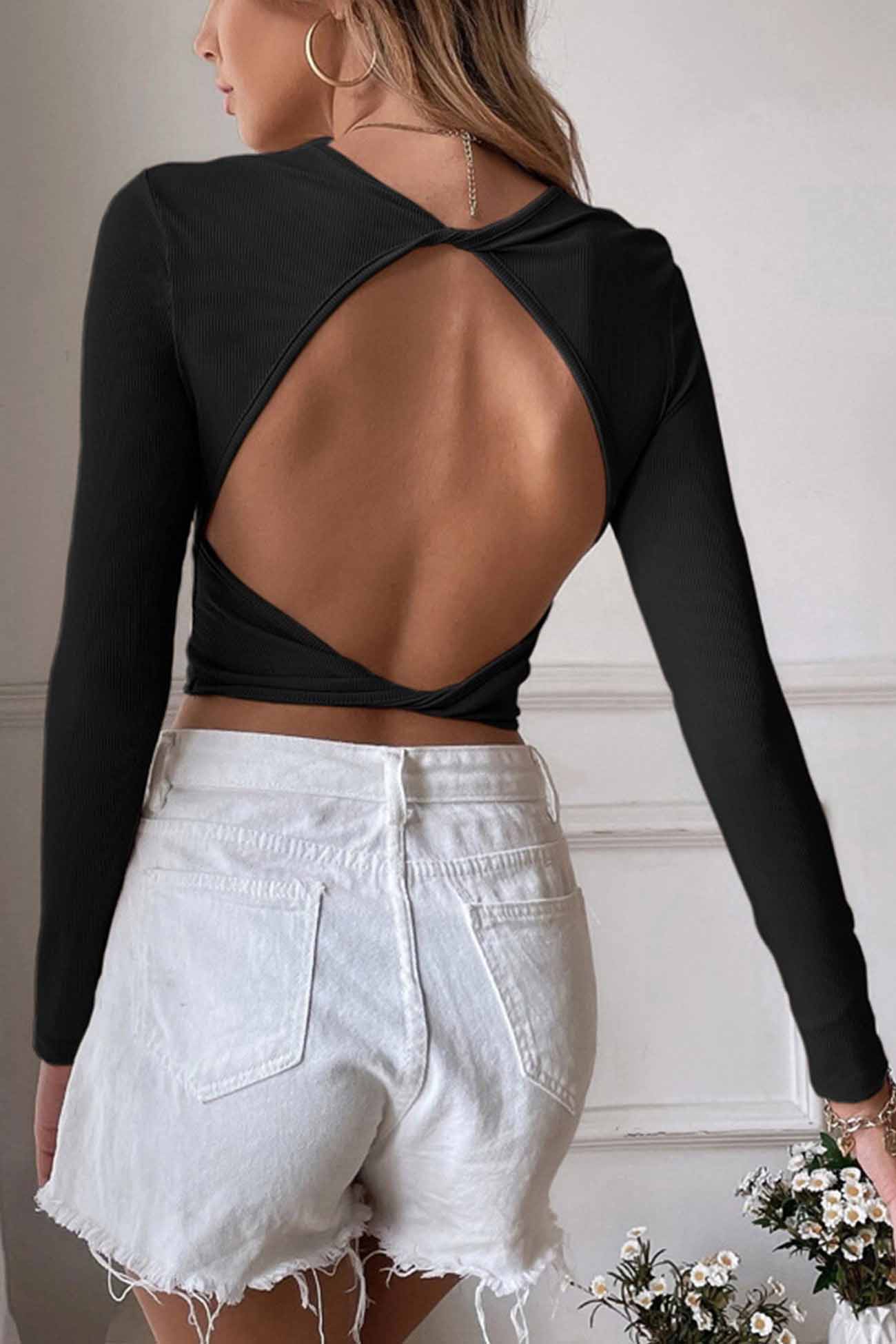 Solid Backless Twist Long Sleeve Tops