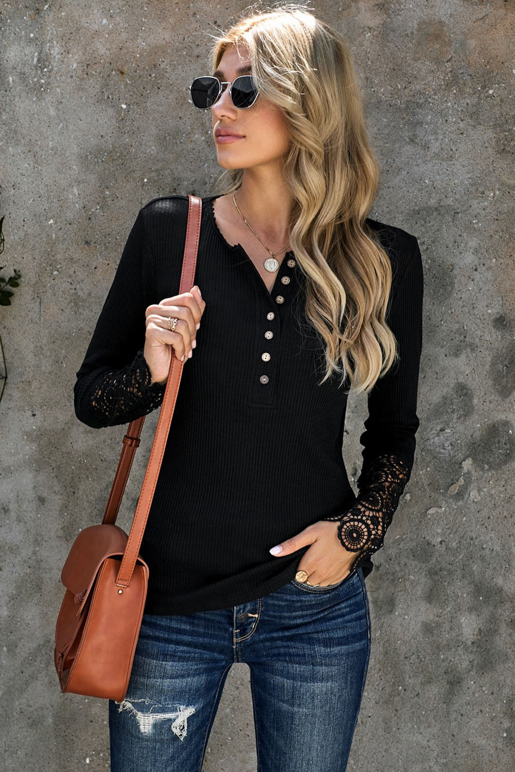 Black Crochet Lace Hem Sleeve Button Top