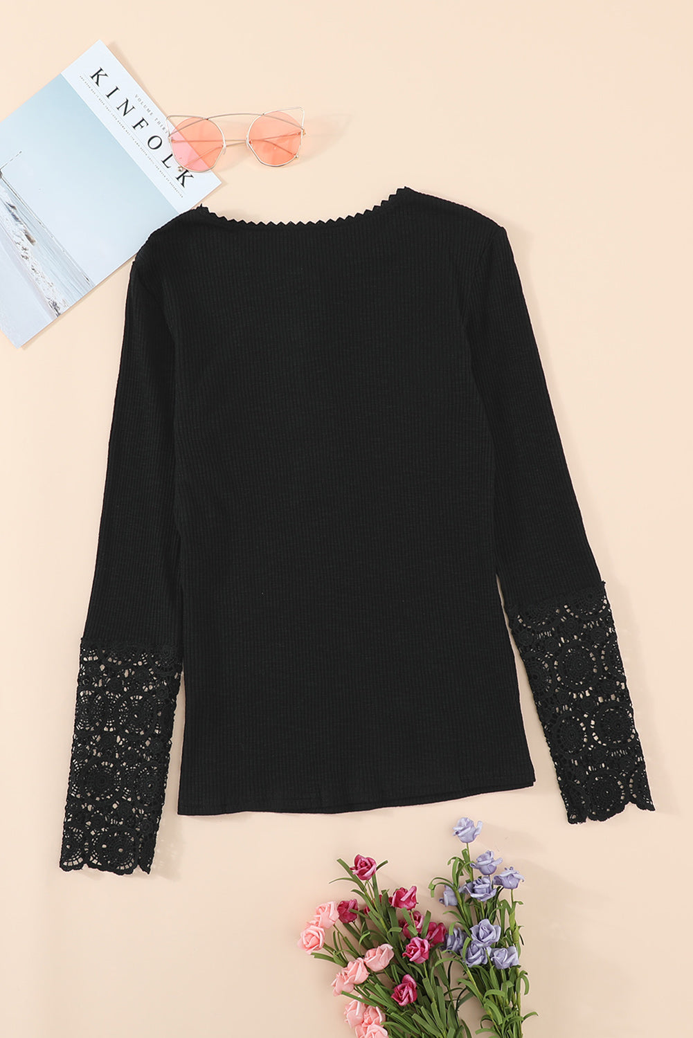 Black Crochet Lace Hem Sleeve Button Top