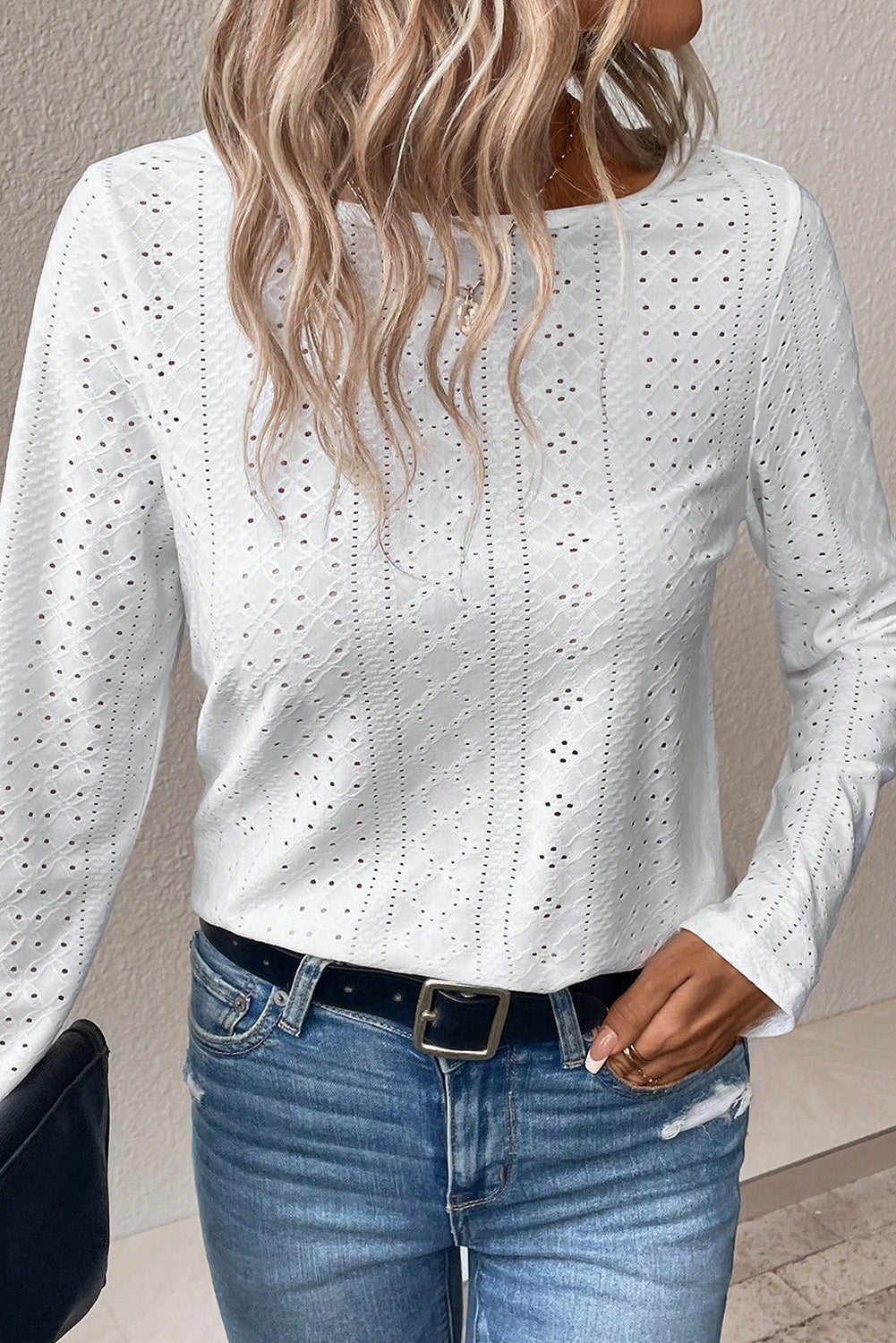 White Floral Lace Splicing Eyelet Long Sleeve Top