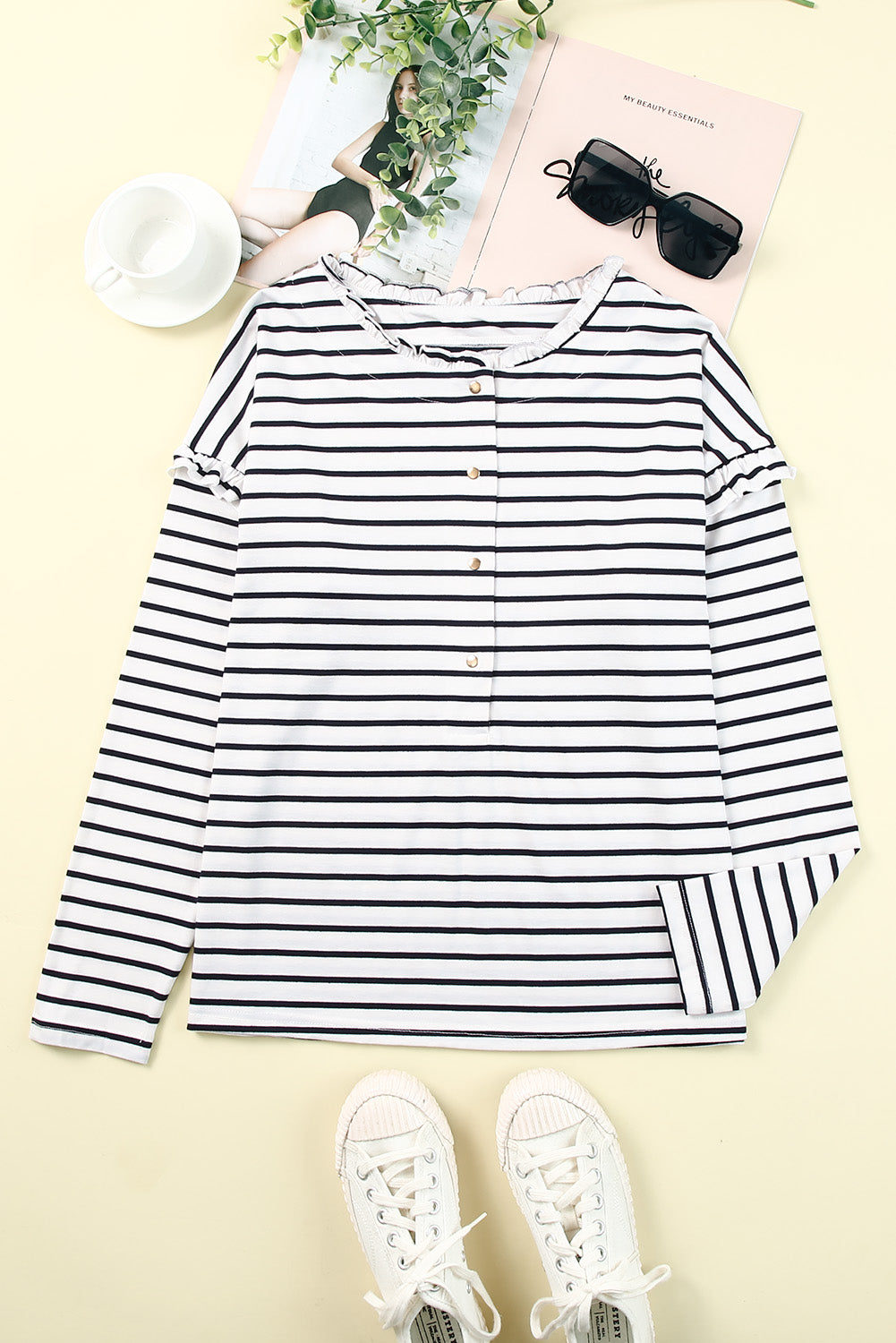 White Striped Print Ruffled Buttoned Long Sleeve Top