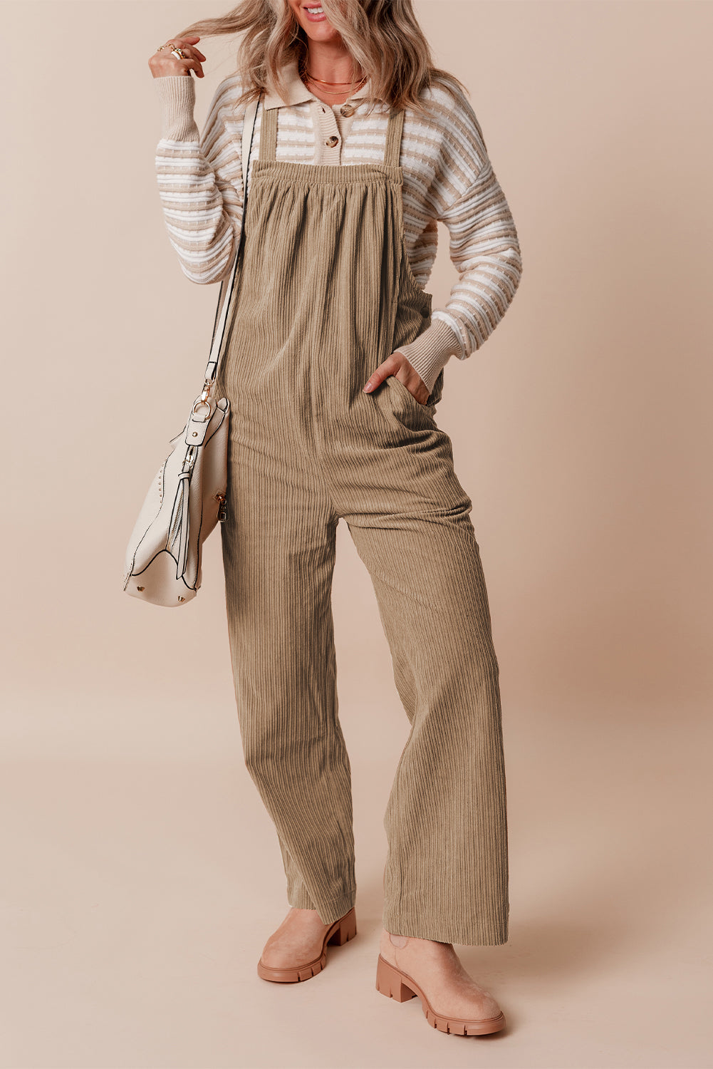 Solid Color Pocketed Corduroy Overall