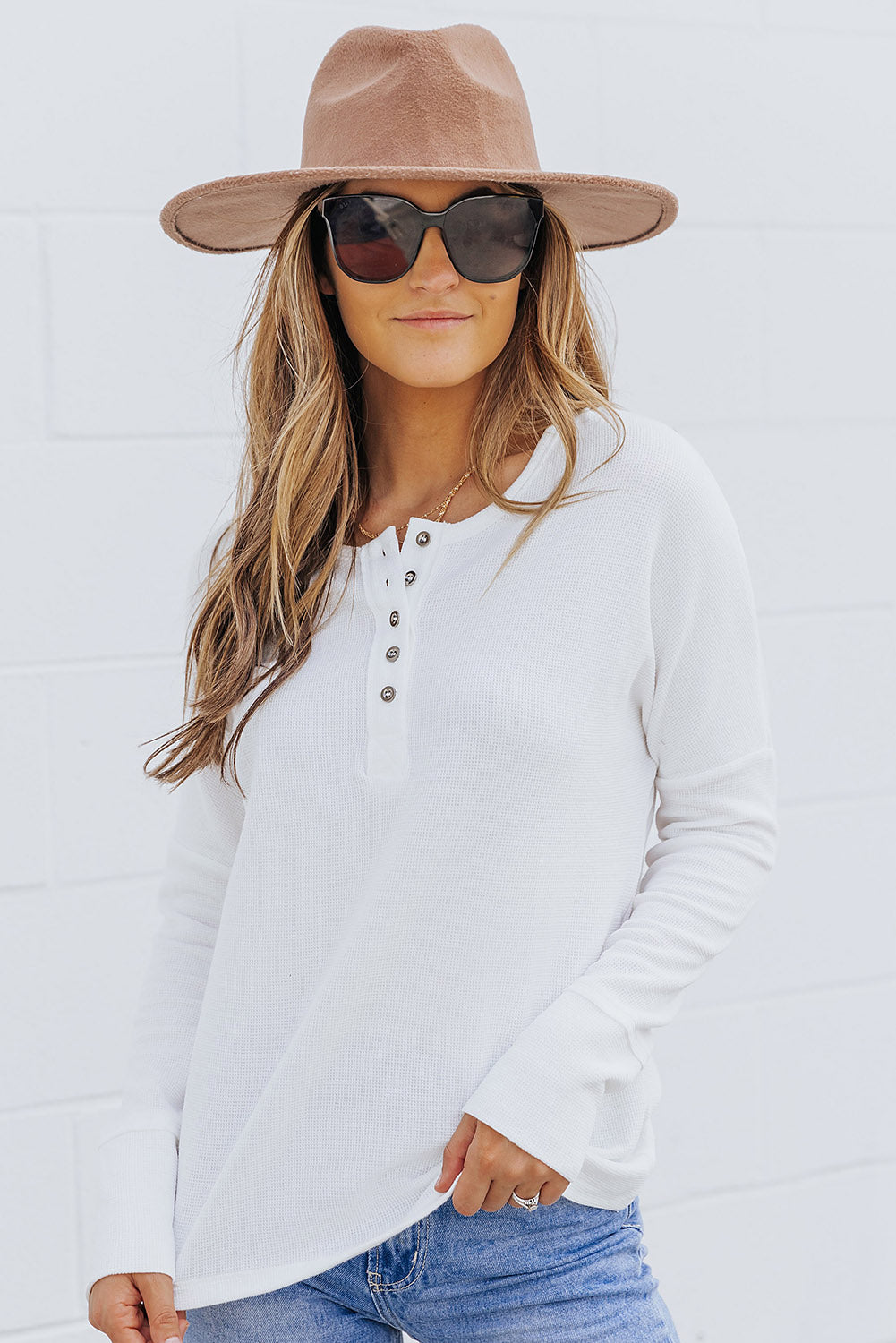 White Waffle Knit Henley Top