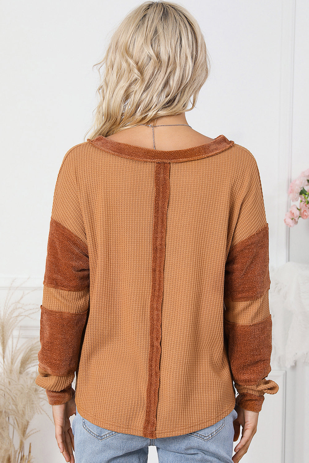 Orange Contrast Patched Exposed Seam Waffle Knit Henley Top