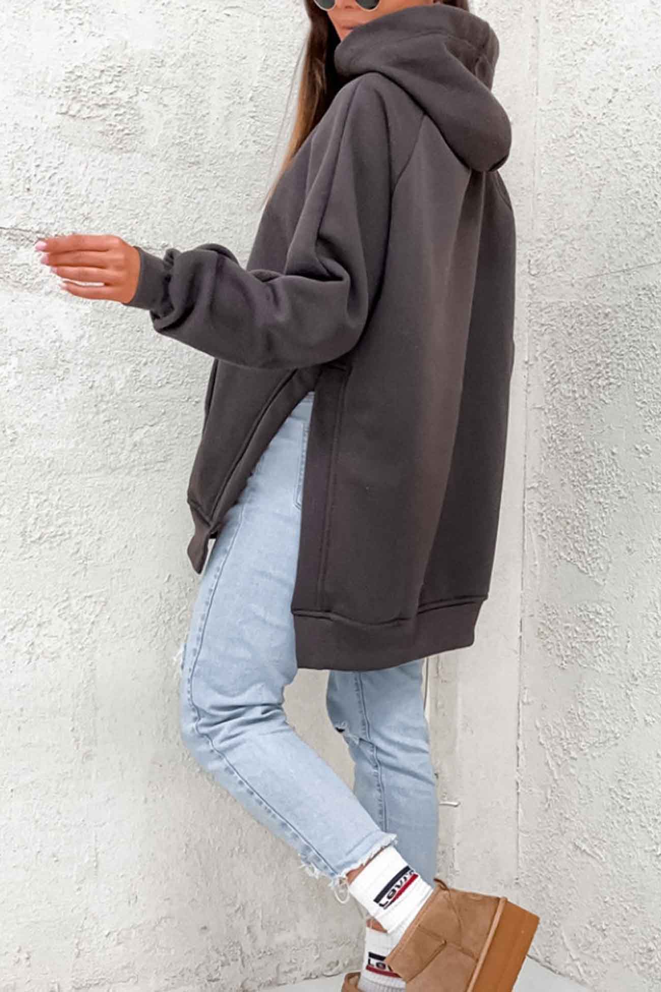 Solid Color Pocket Slit Hoodie