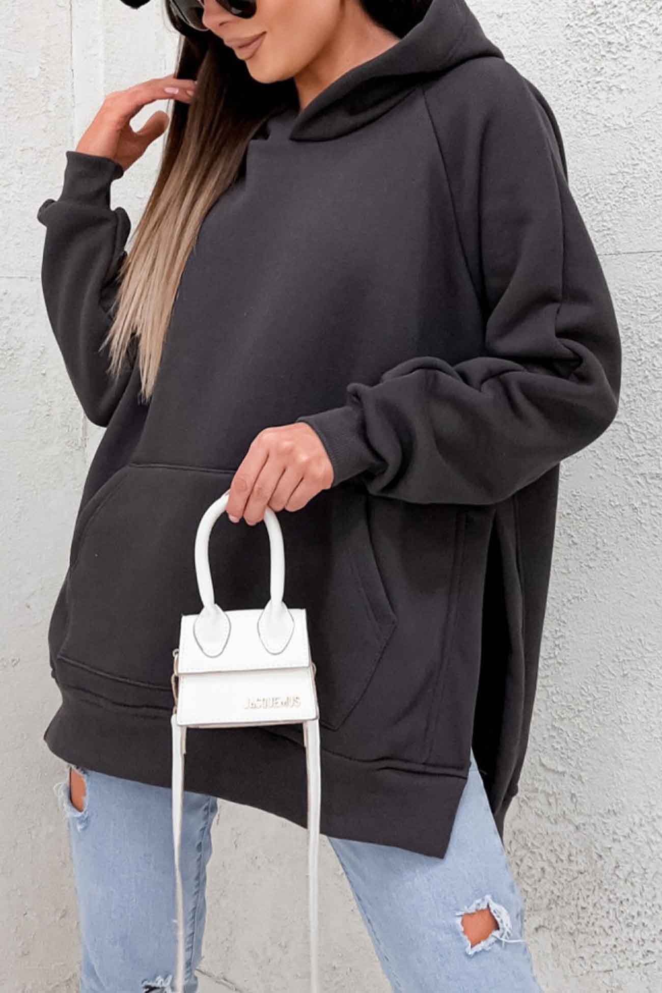 Solid Color Pocket Slit Hoodie