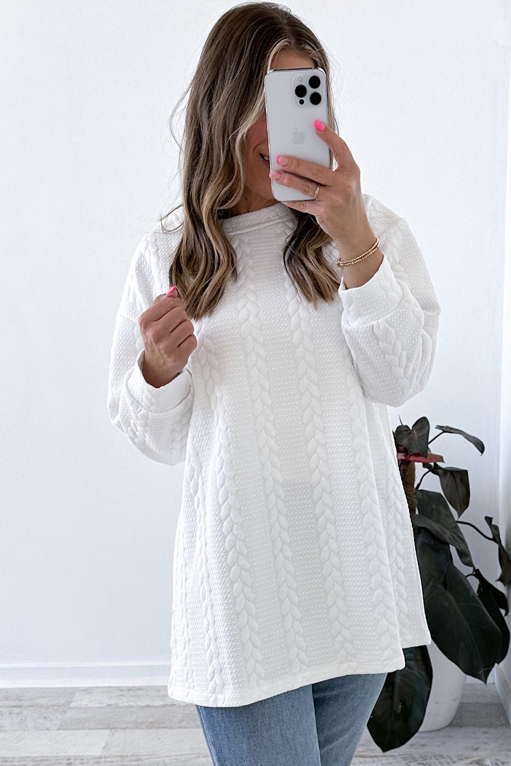 White Cable Textured Long Sleeve Round Neck Top