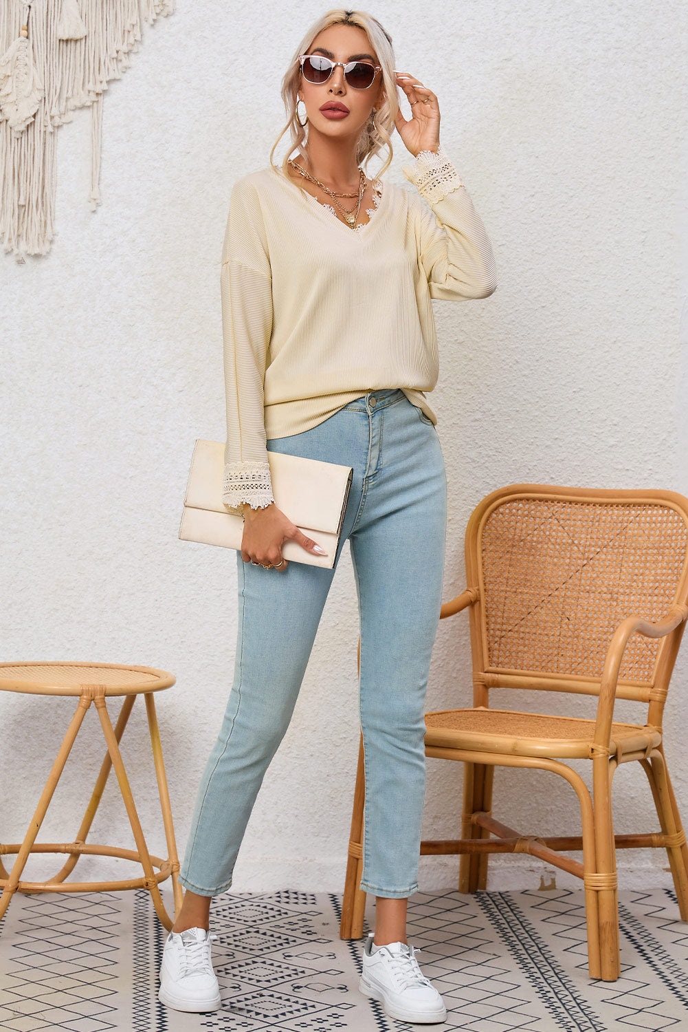 Apricot Ribbed Texture Lace Trim V Neck Long Sleeve Top