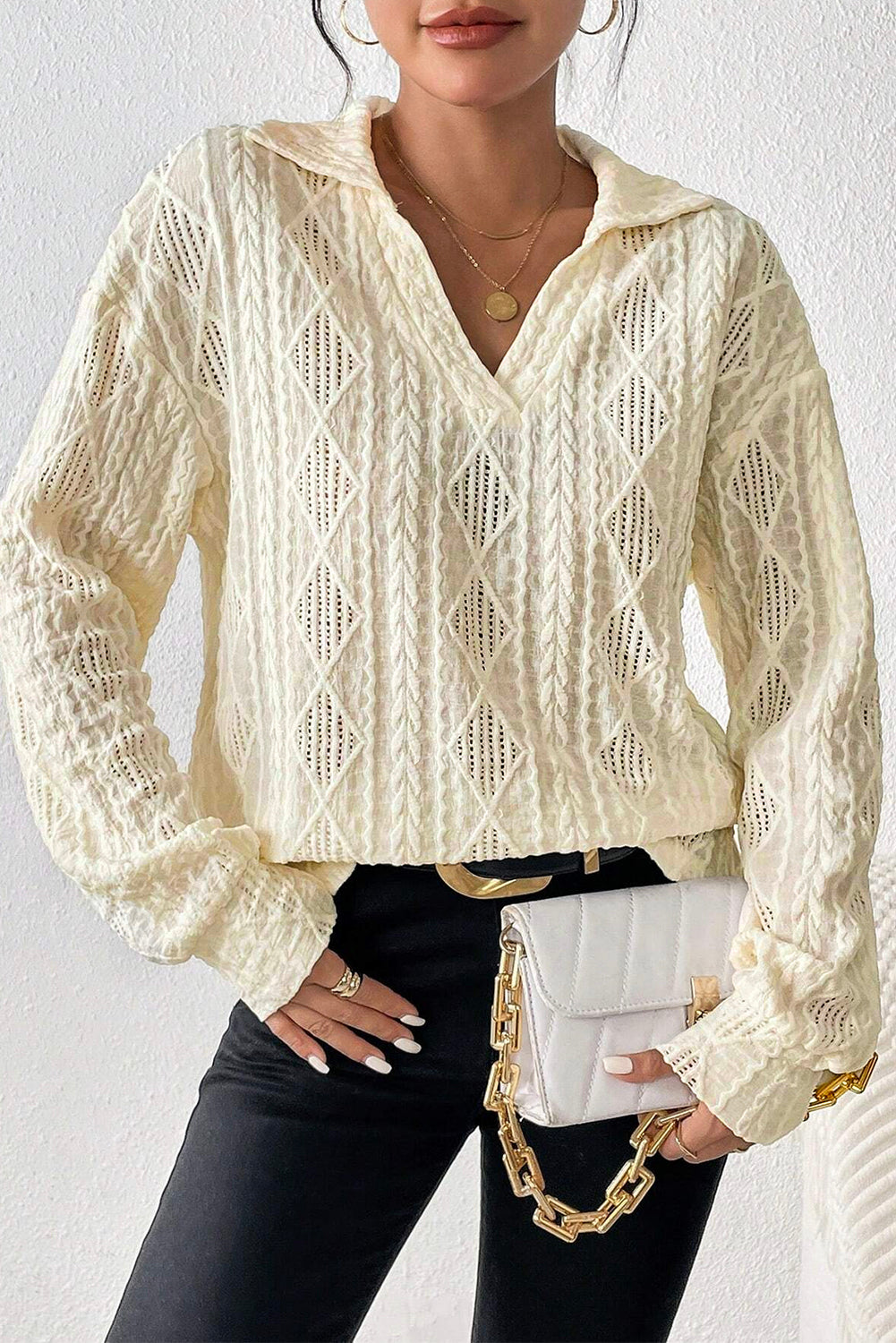 White Cable Rhombus Texture Collared Split Neck Top