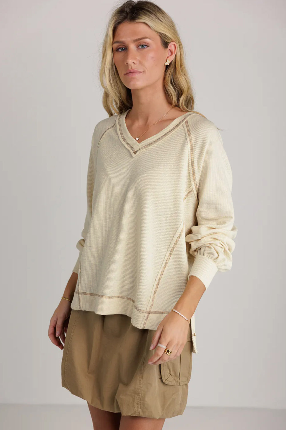 Beige Exposed Seam Textured Knit V Neck Pullover Top