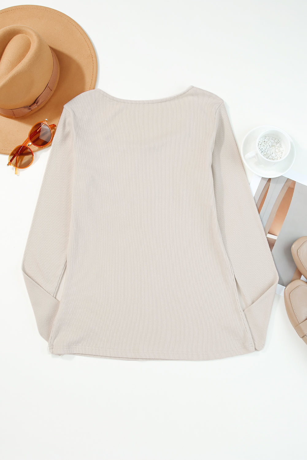 Beige Lace Crochet V Neck Long Sleeve Top