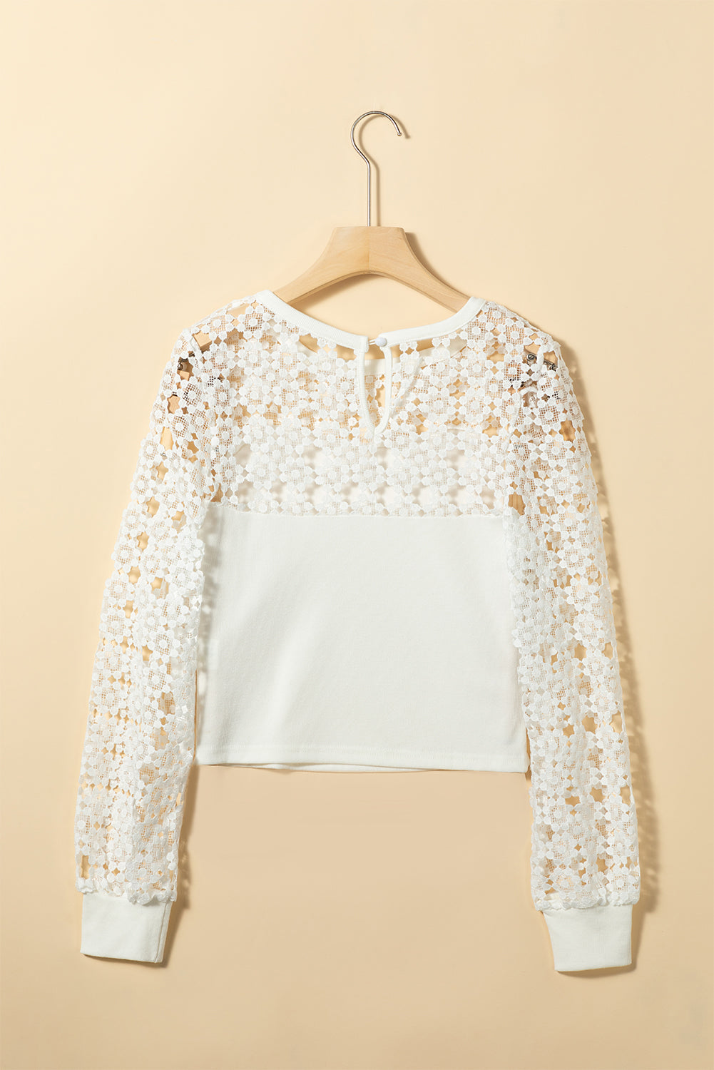 White Hollowed Floral Lace Splicing Long Sleeve Top