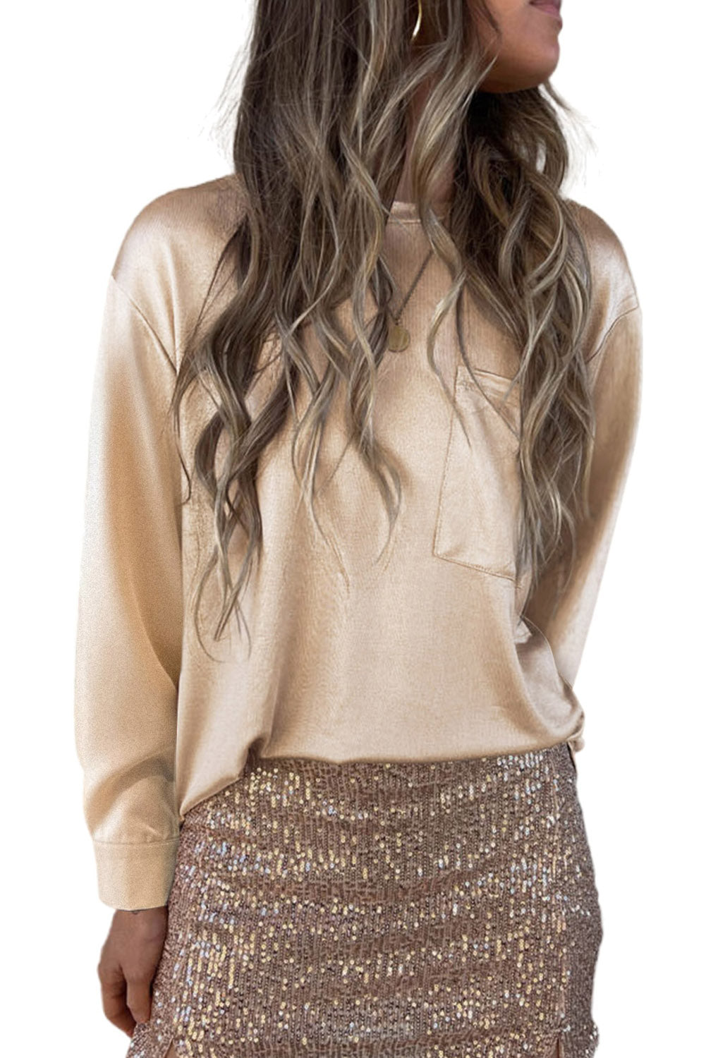 Apricot Glitter Chest Pocket Round Neck Long Sleeve Top