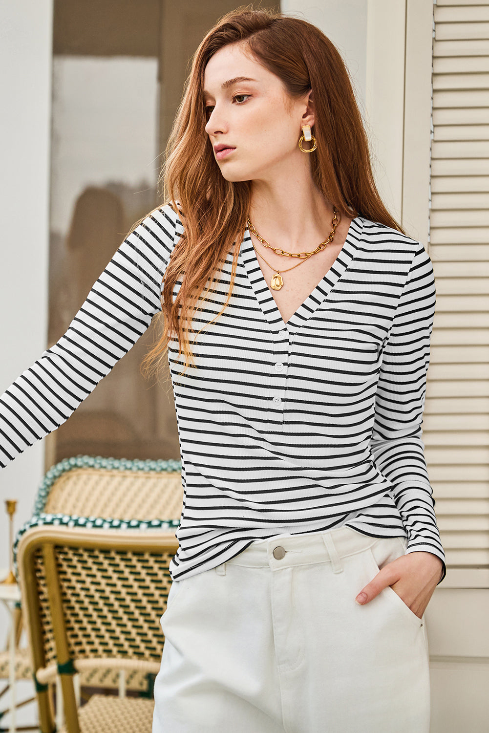 White Stripe Slim Fit Buttoned V Neck Long Sleeve T Shirt