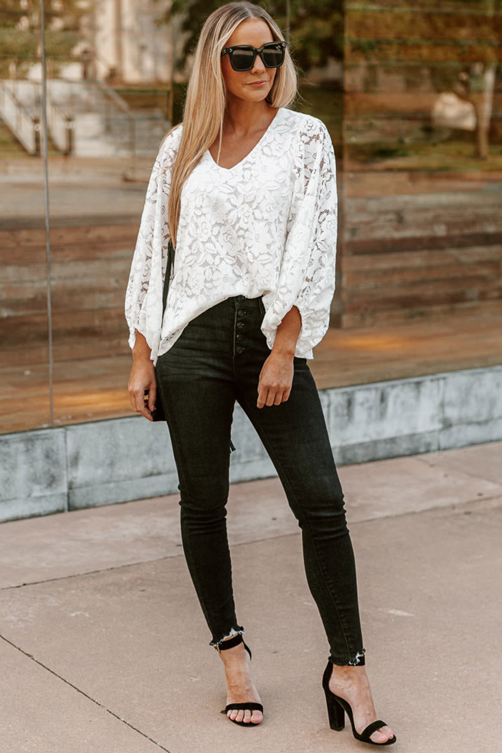 White Floral Lace Crochet Loose Fit V Neck Top