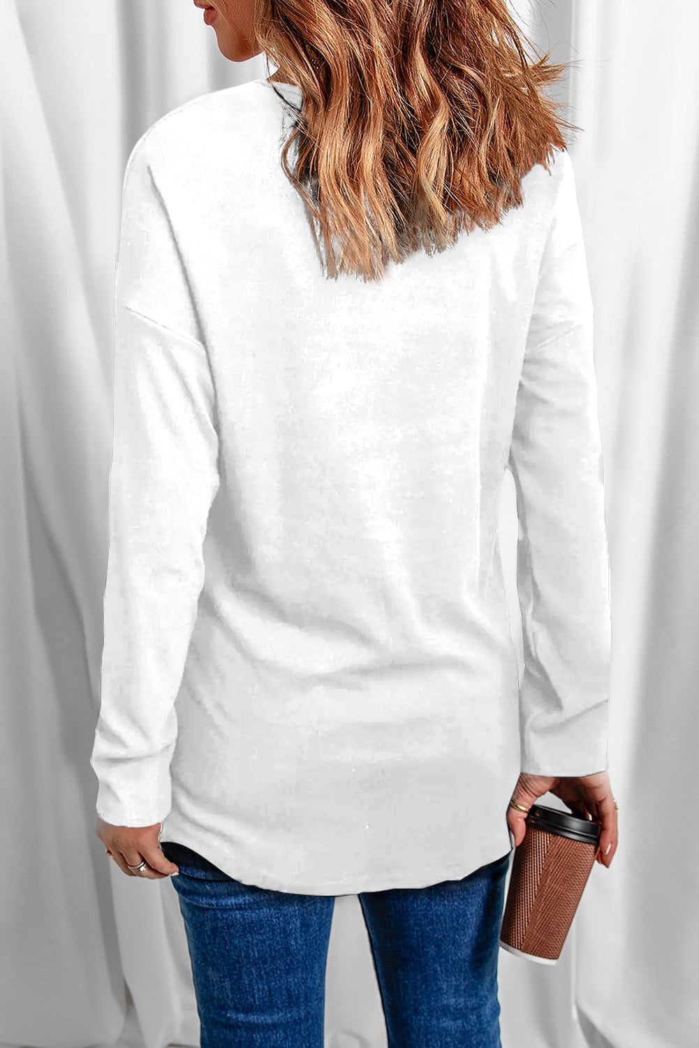 White Solid Color V Neck Long Sleeve Knit Top