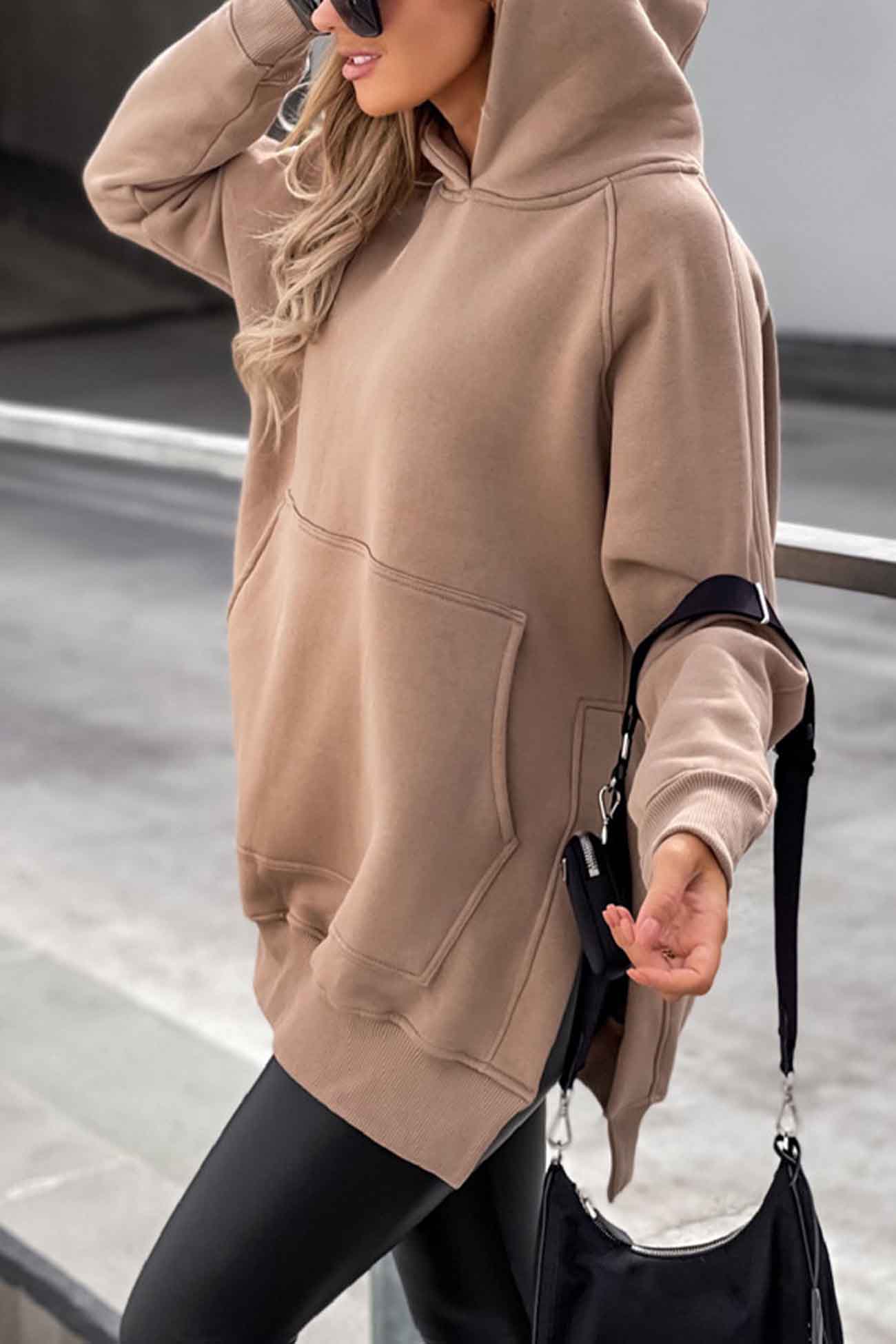 Solid Color Pocket Slit Hoodie