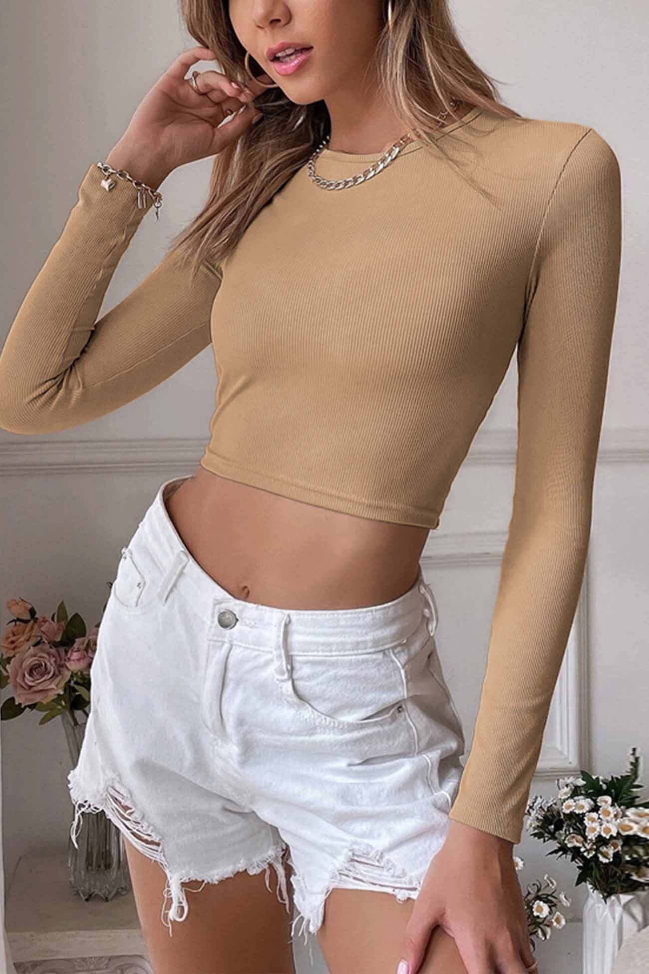 Solid Backless Twist Long Sleeve Tops