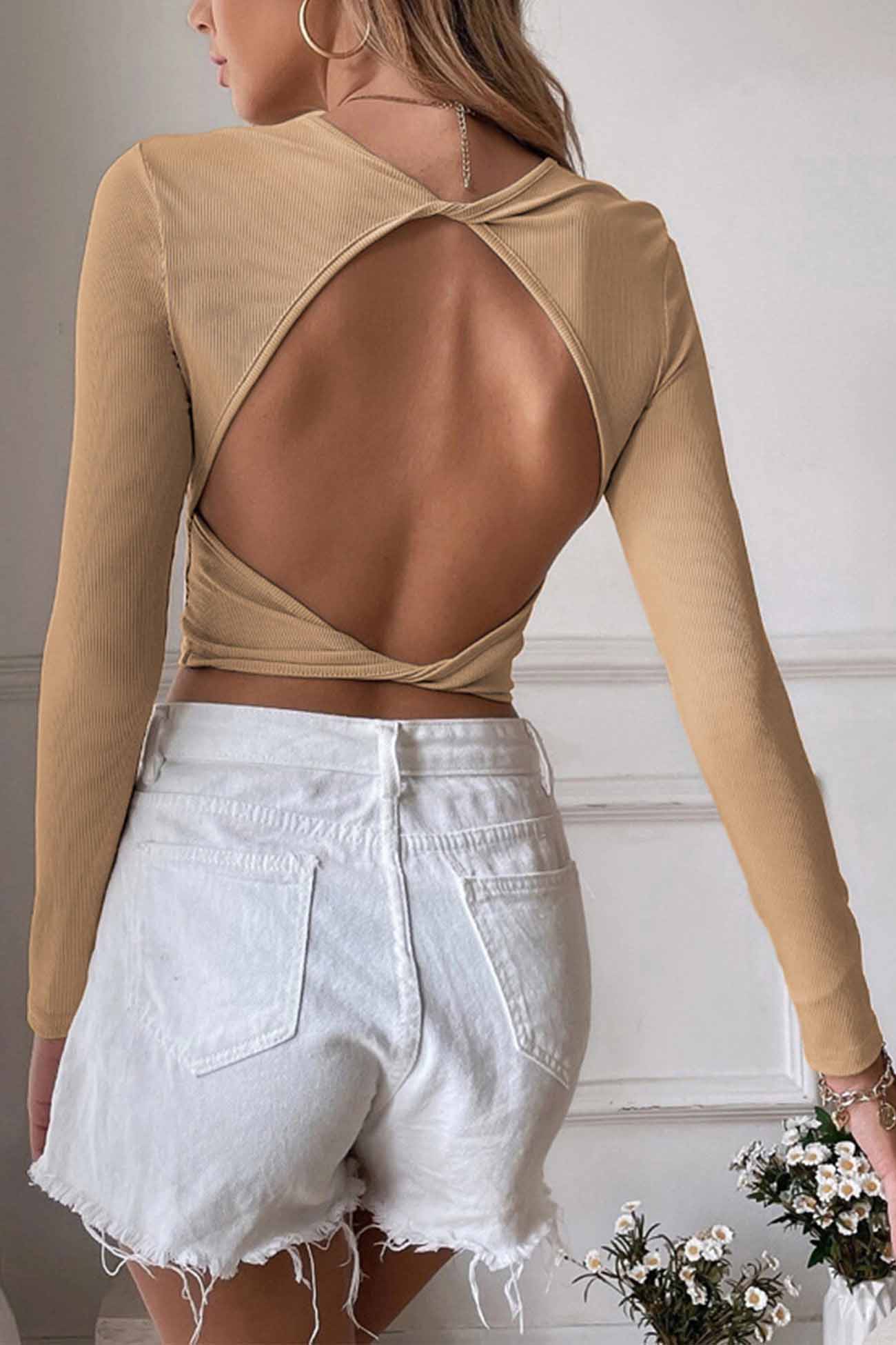 Solid Backless Twist Long Sleeve Tops