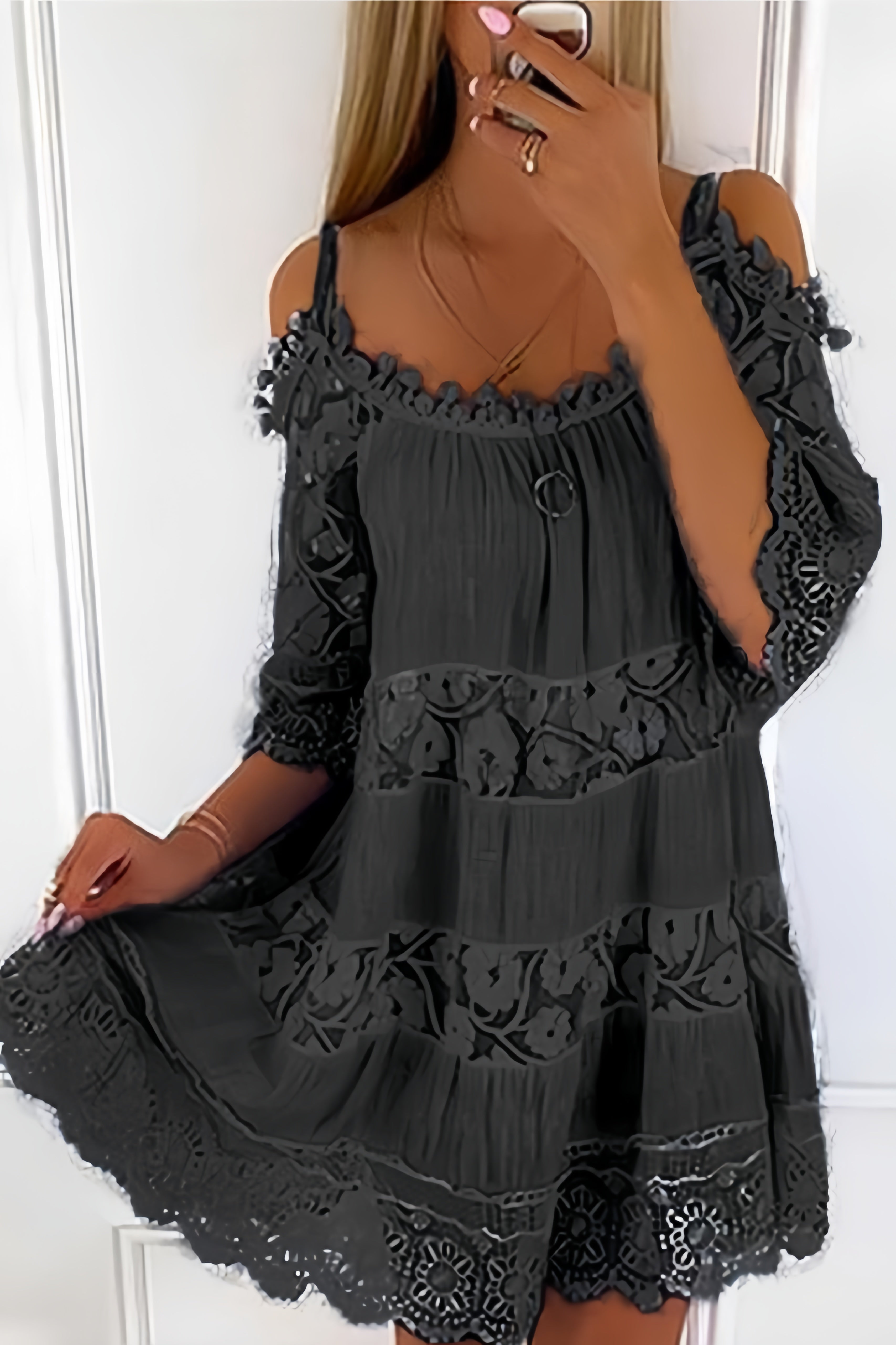 Off-shoulder Lace Hollow Out Mini Dress