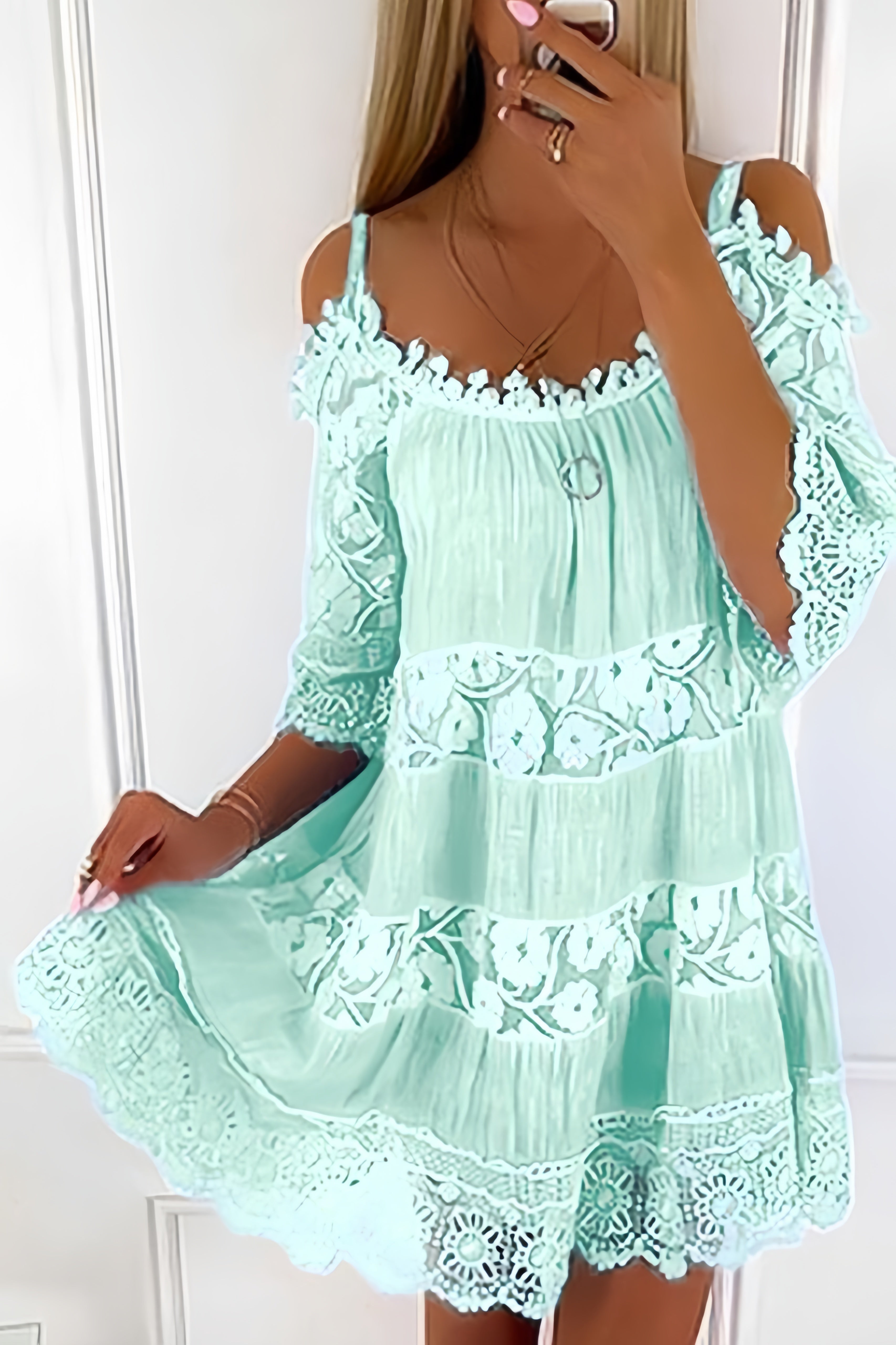 Off-shoulder Lace Hollow Out Mini Dress