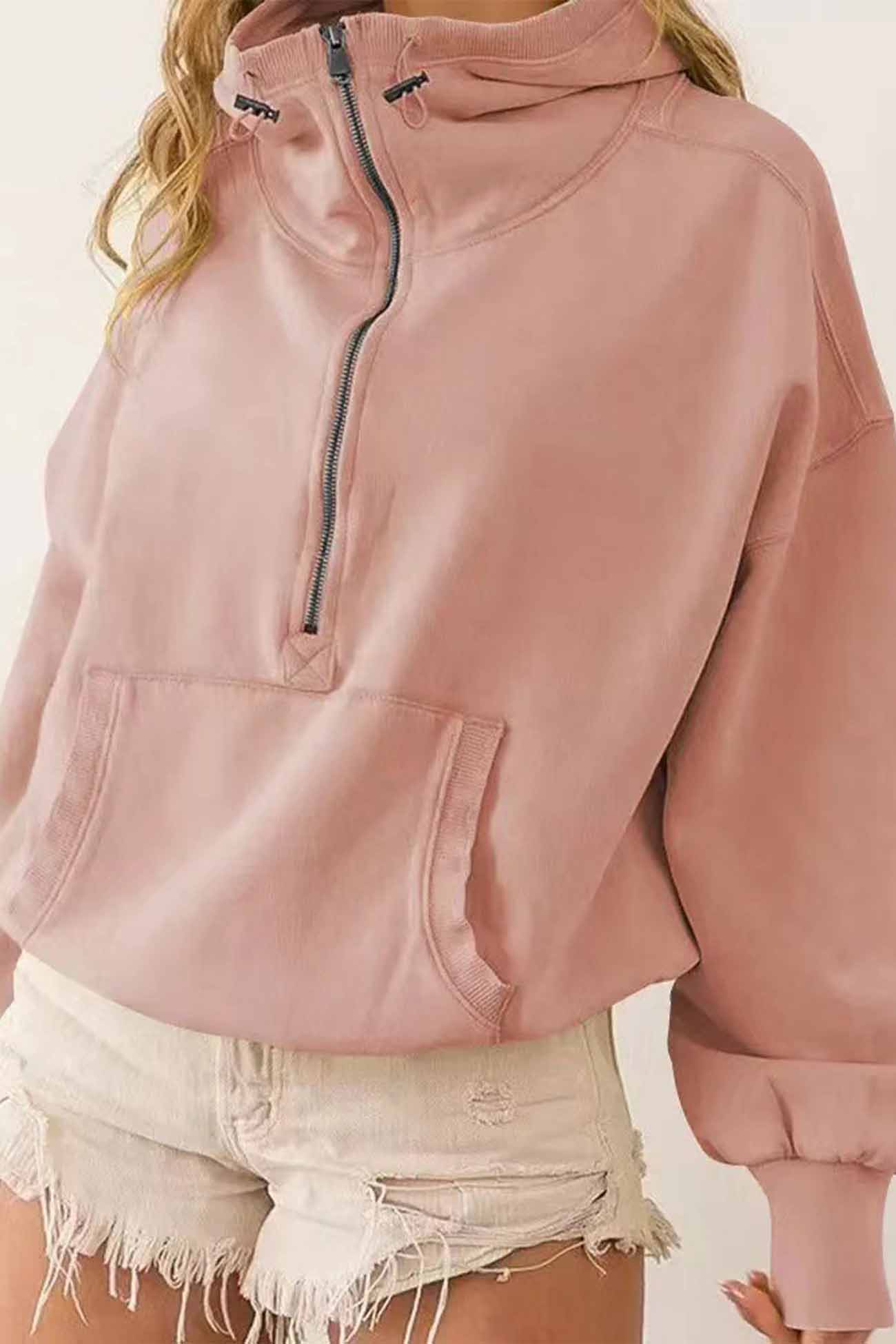 Long Sleeve Zipper Pocket Drawstring Hooded Sweatshirt